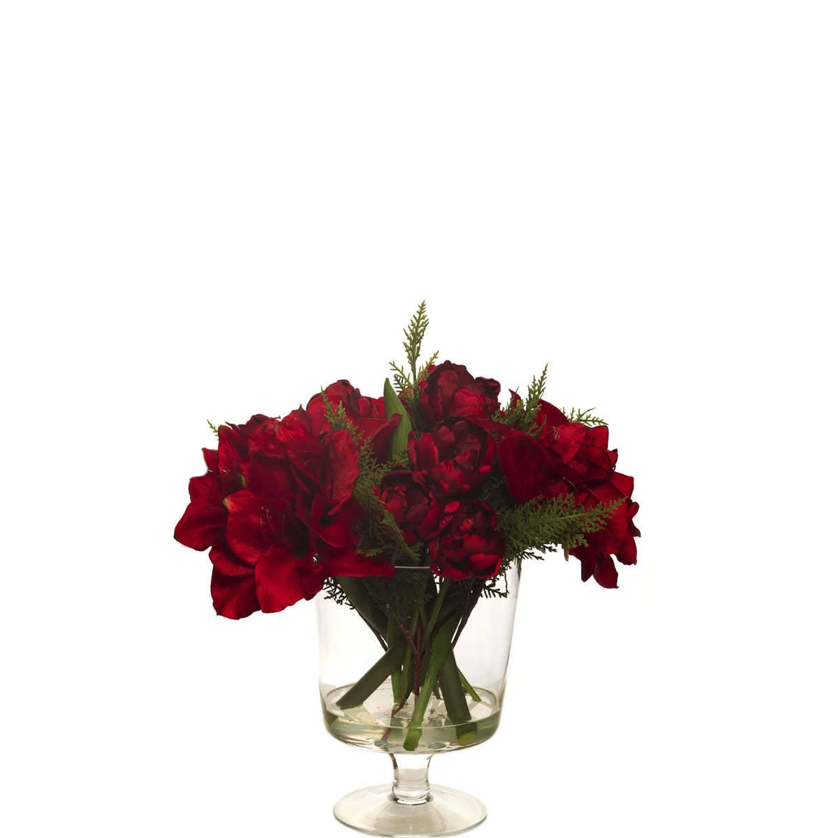 Amarilis artificial con Cedro en Cristal con Agua Sólida de 40 cm, color rojo