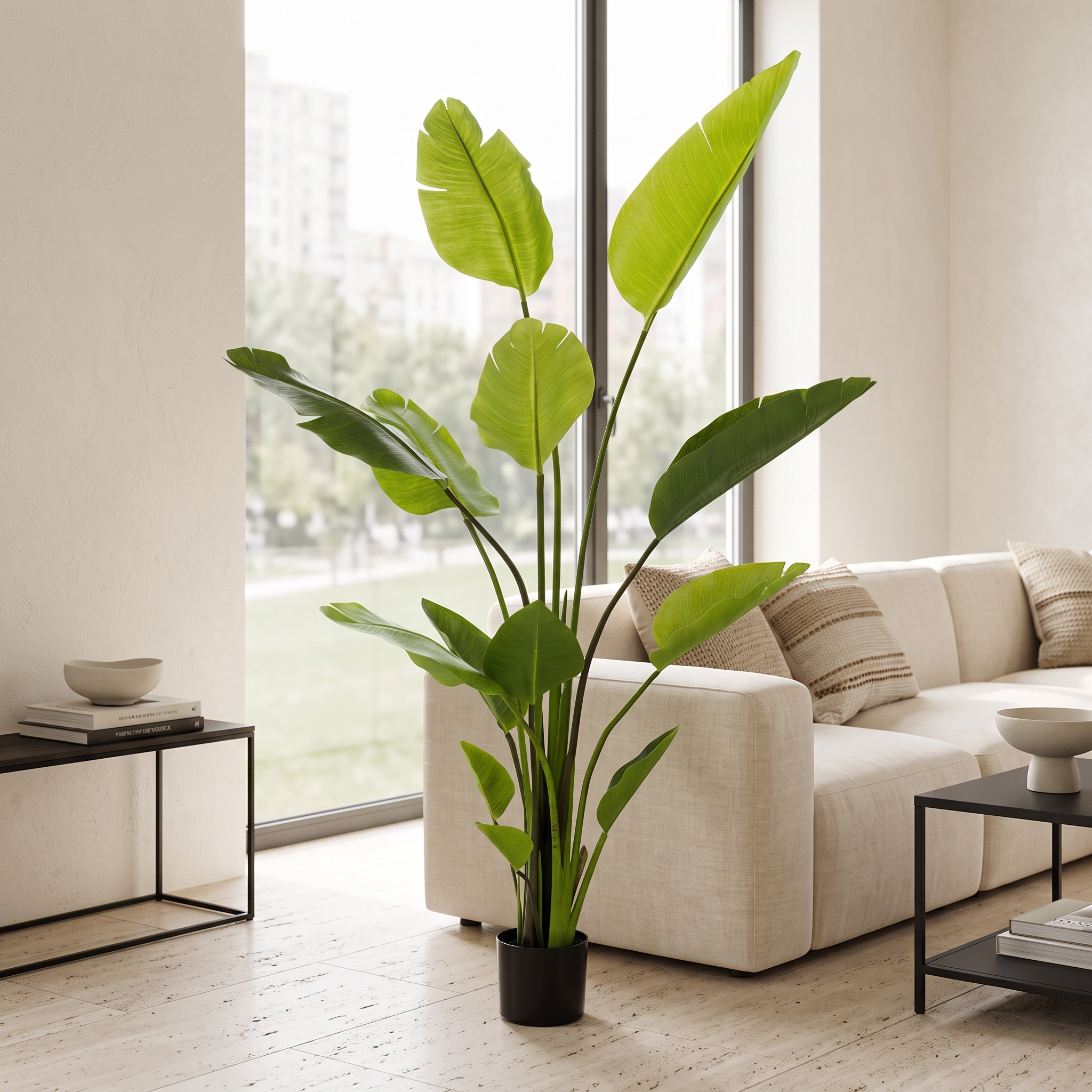 Strelitzia Nicolai artificial Dekogreen en un salon luminoso