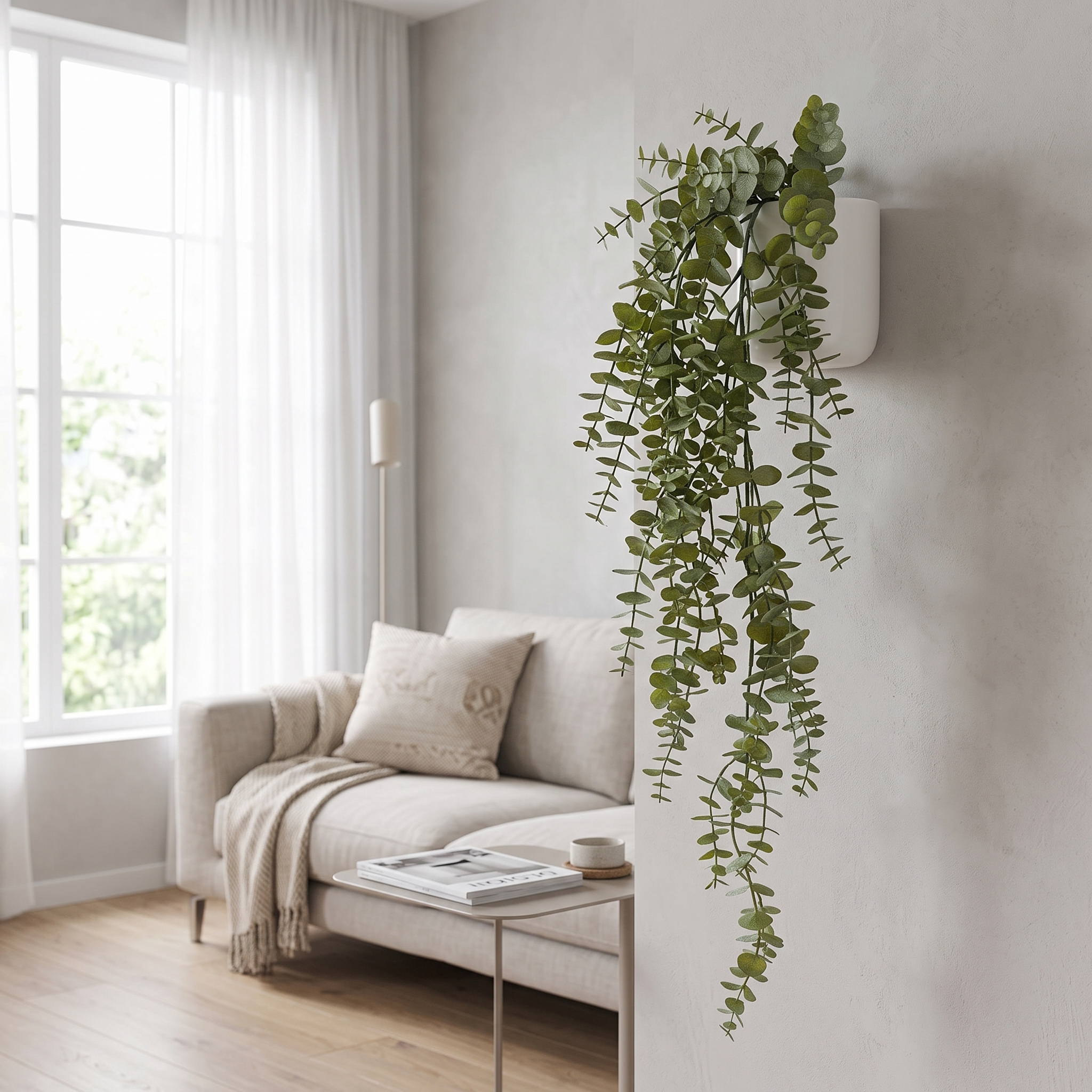 Eucalyptus colgante artificial Dekogreen decorando un salón moderno y luminoso