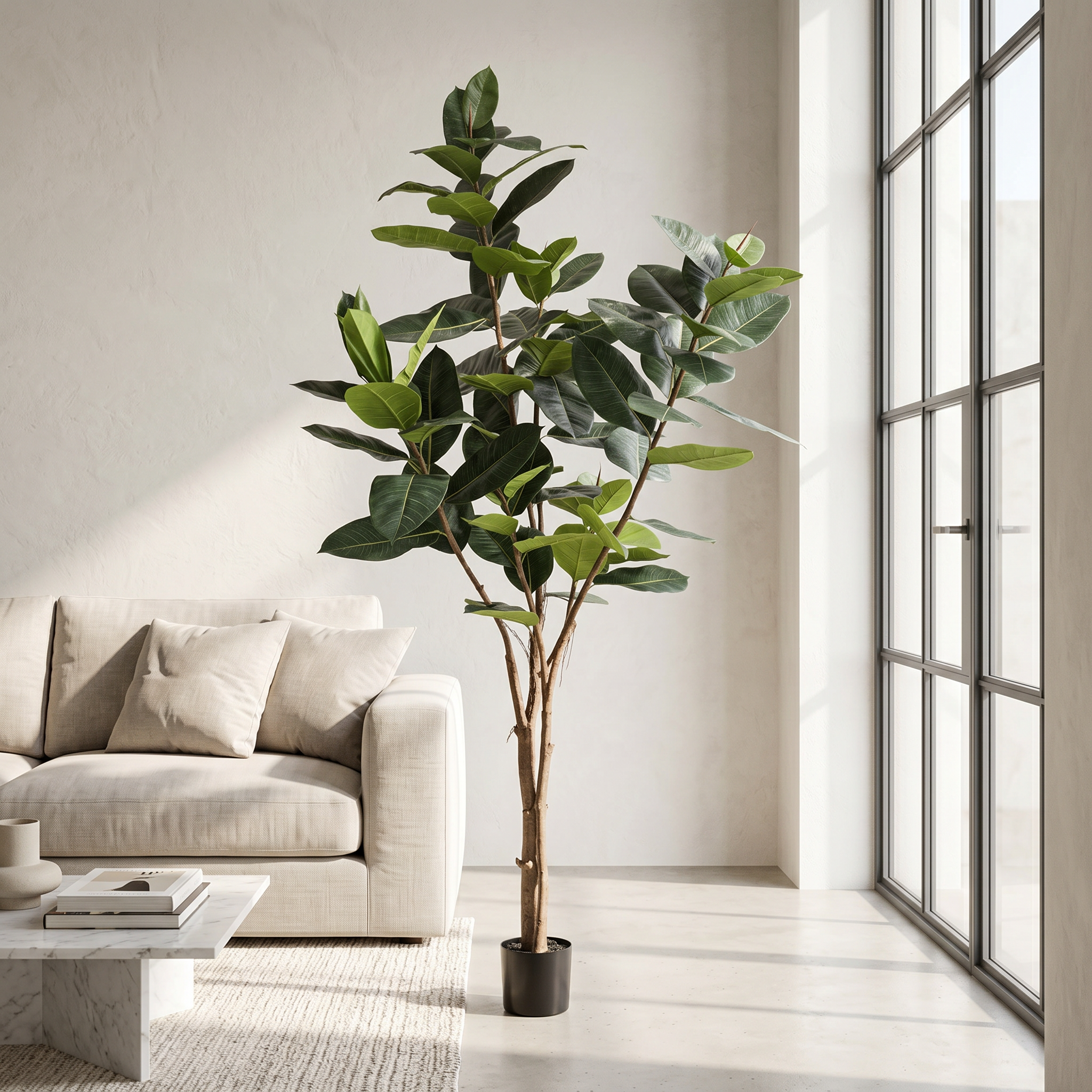 Ficus Elastic de 180 cm artificial Dekogreen decorando un salón moderno y luminoso