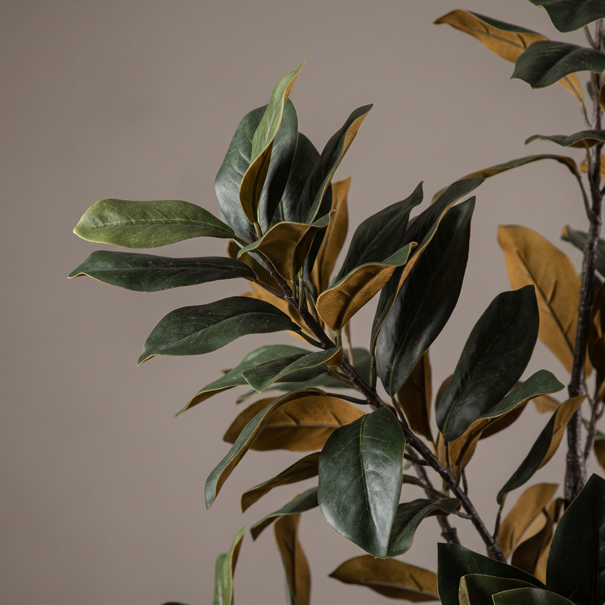Detalle del realismo de las hojas de la Gran Magnolia artificial de Dekogreen