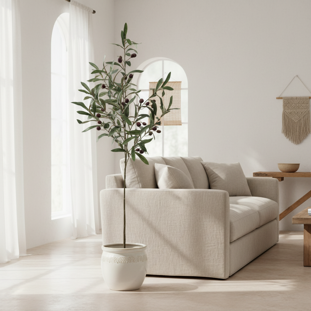 Olivo artificial en salón mediterráneo