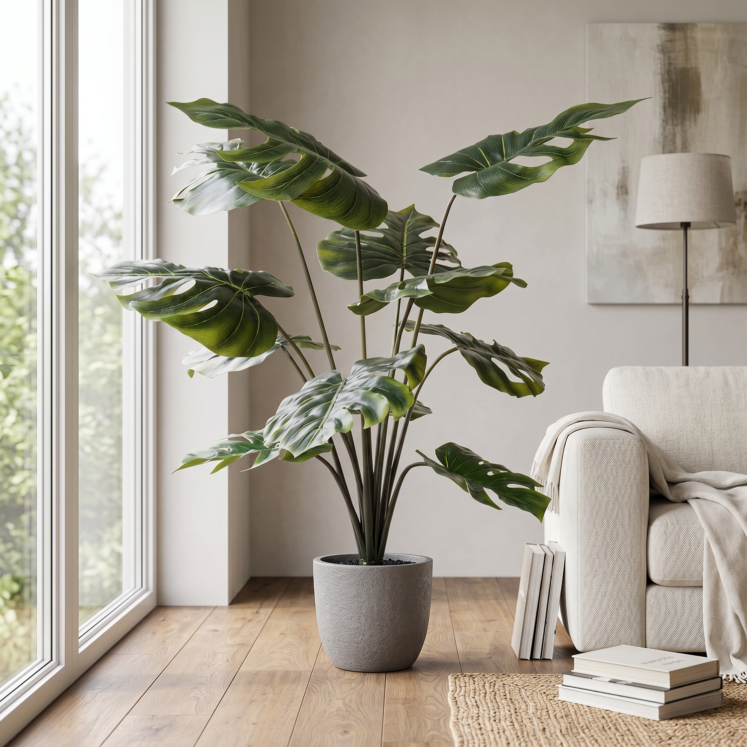 Monstera artificial en un ambiente de interior decorado