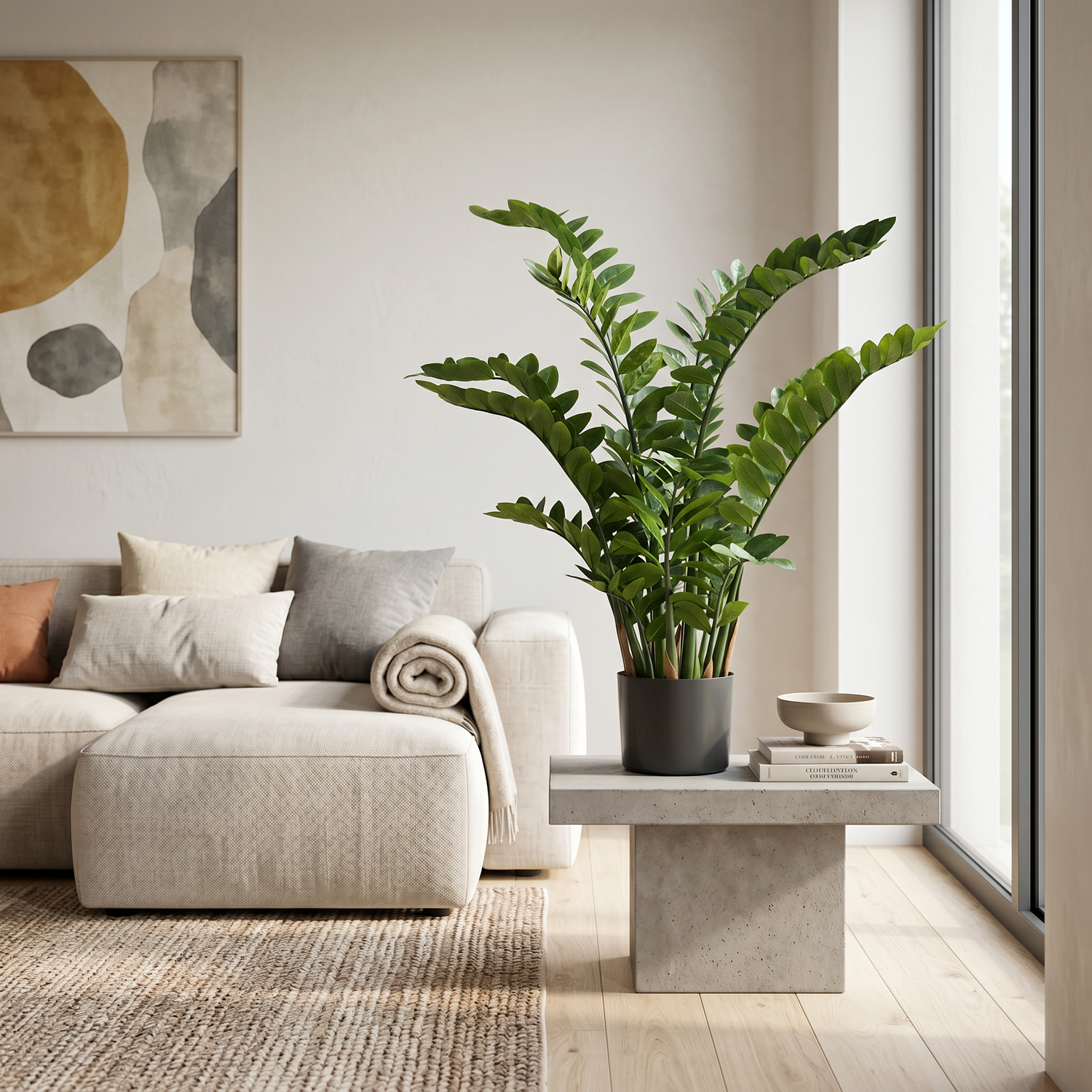 Zamioculca artificial en maceta en un salón moderno