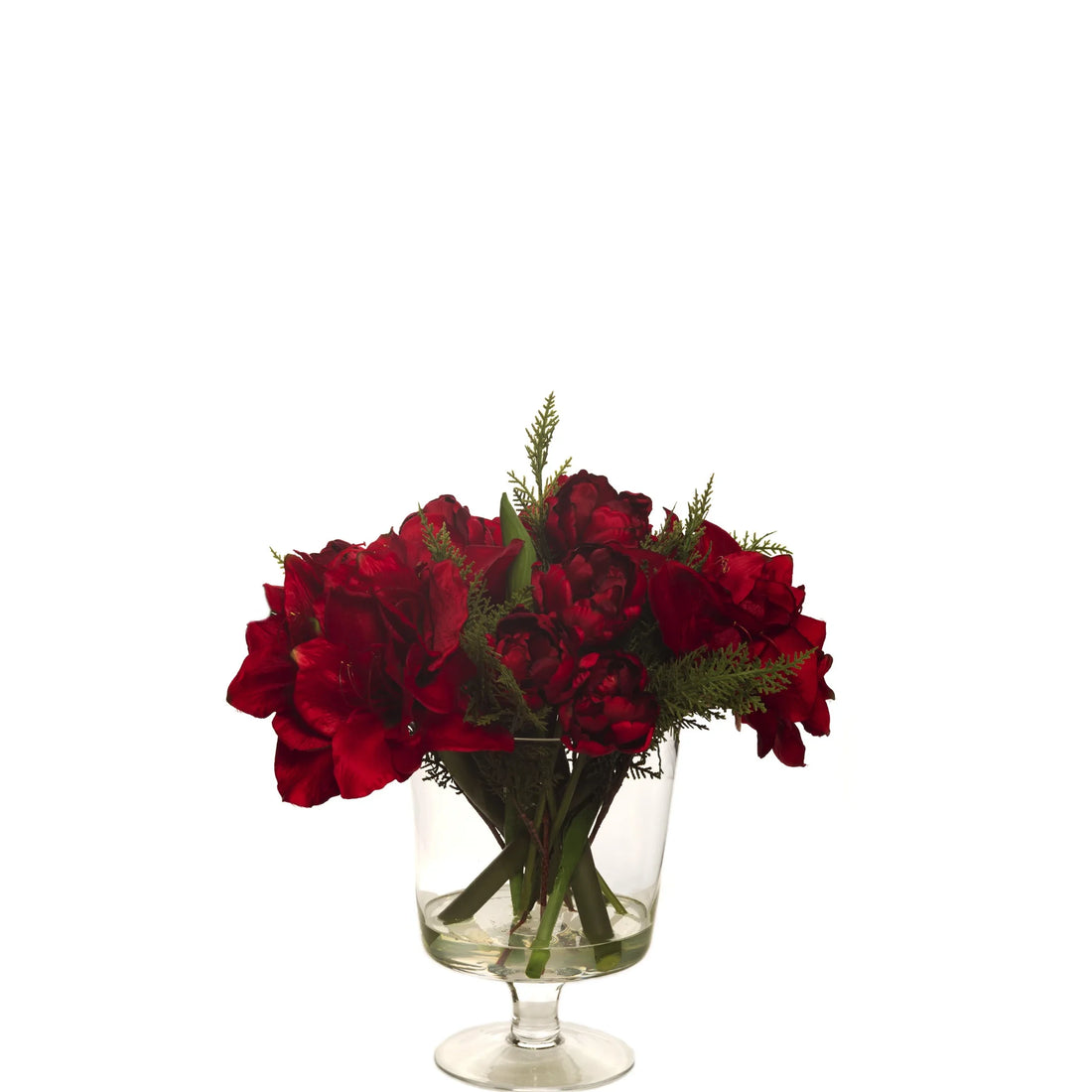 Amarilis artificial con Cedro en Cristal con Agua Sólida de 40 cm, color rojo
