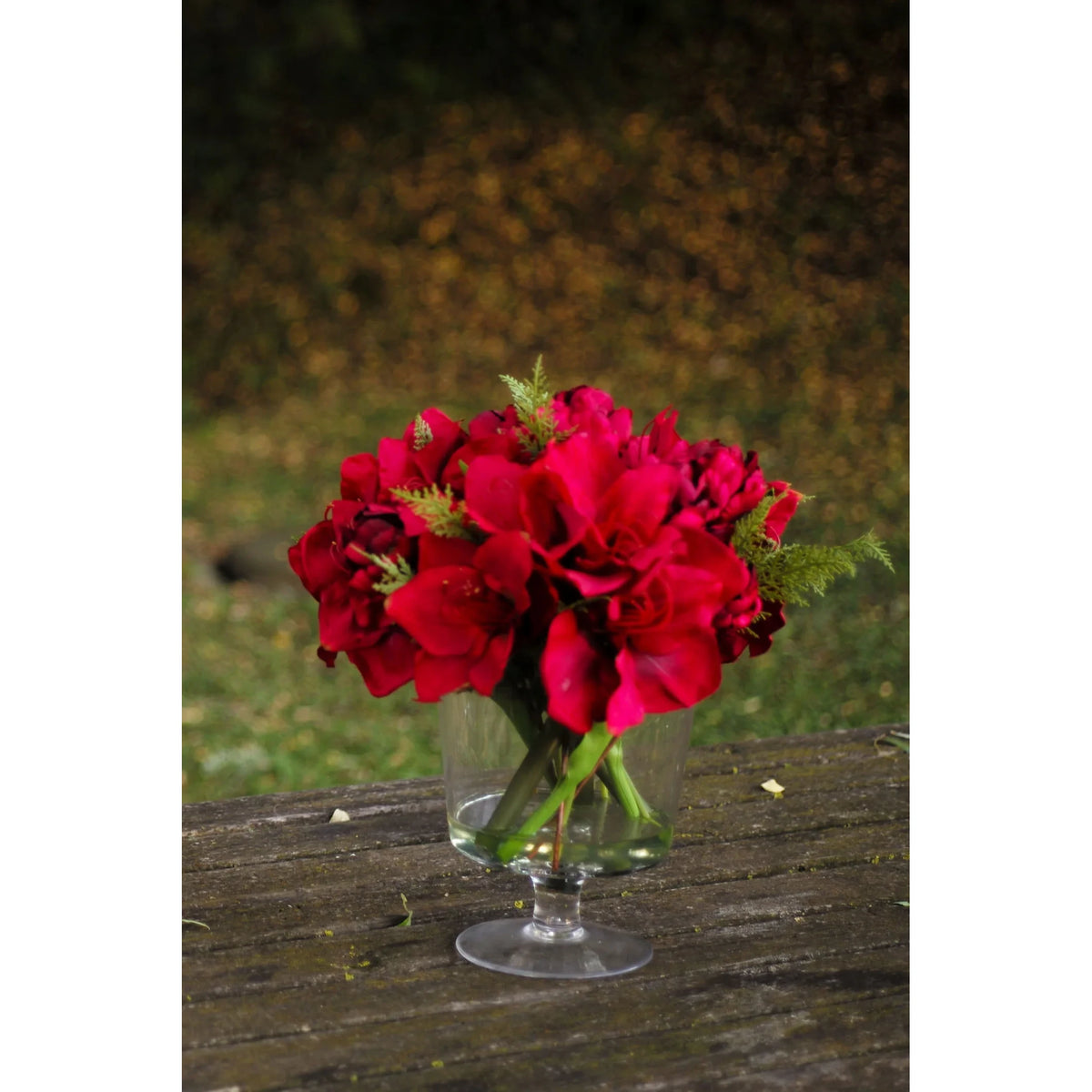 Amarilis artificial con Cedro en Cristal con Agua Sólida de 40 cm, color rojo