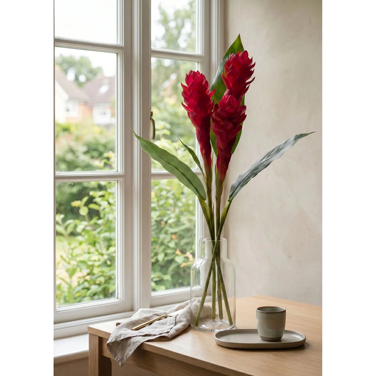 Flor de Jengibre Antorcha artificial en Vara con Hoja de 98 cm, color rojo