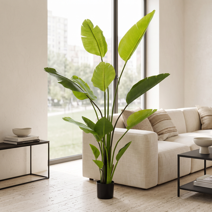 Strelitzia Nicolai artificial Dekogreen en un salon luminoso