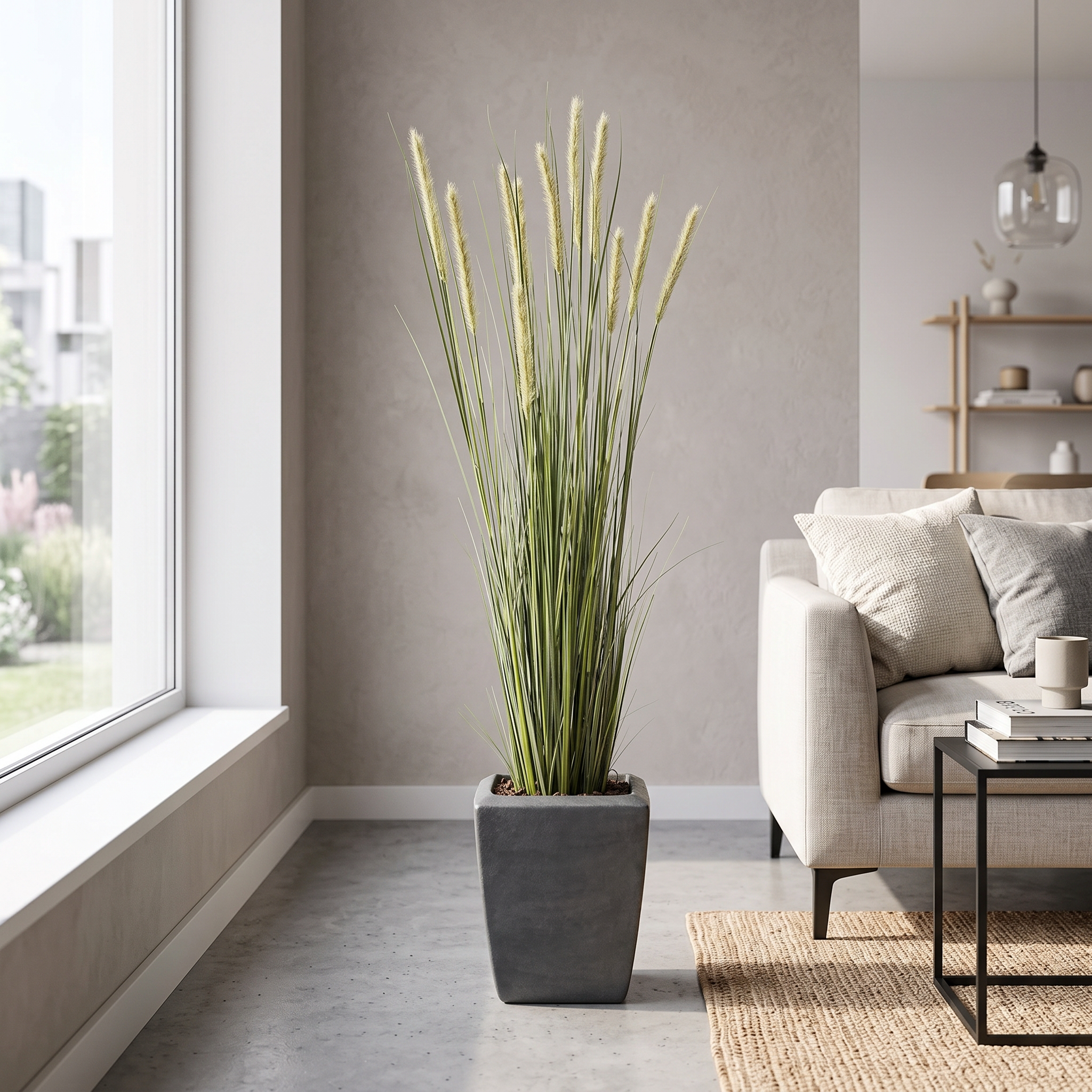 Junco espiga artificial Dekogreen en un salon moderno y luminoso