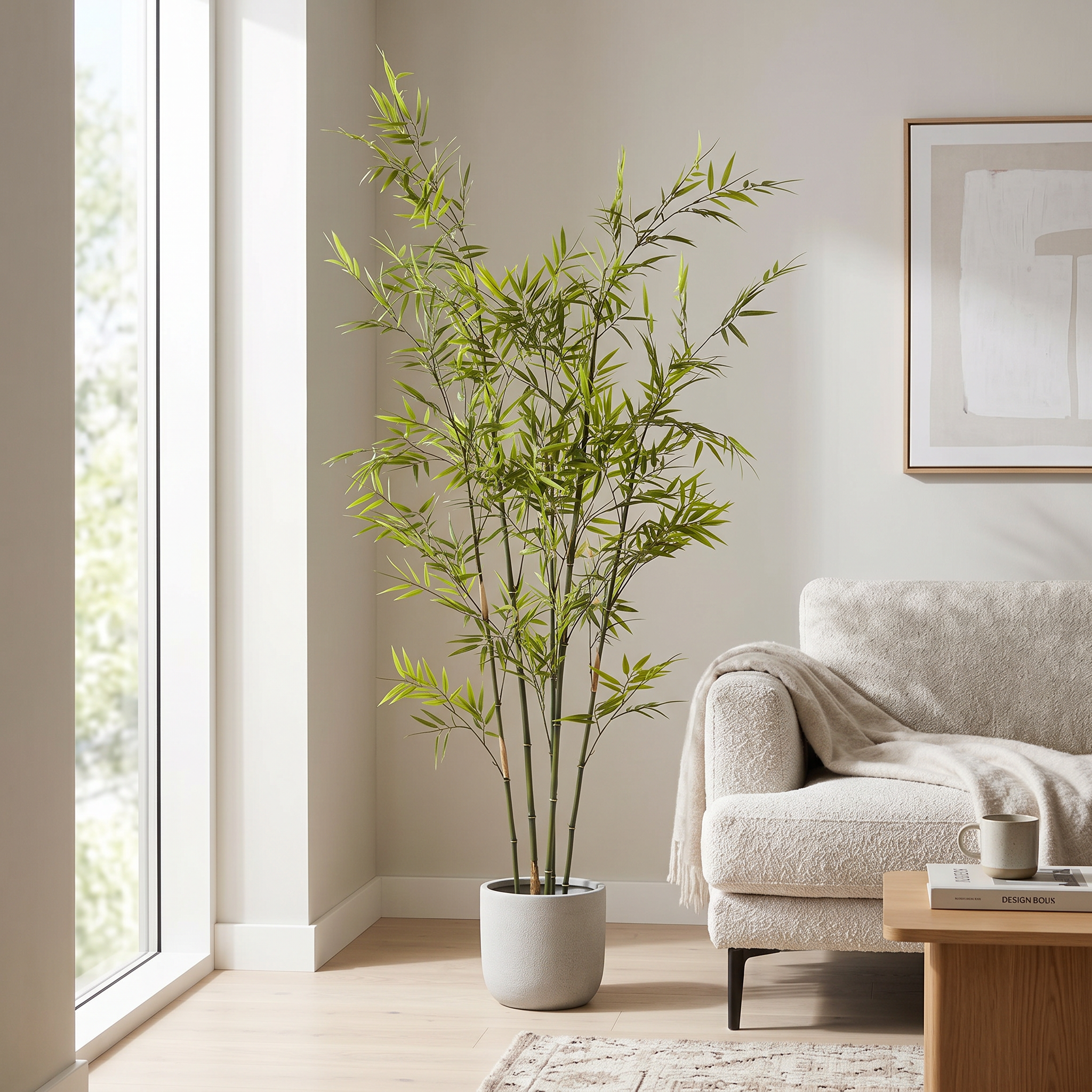 Bambú UV artificial Dekogreen decorando un salón moderno y luminoso