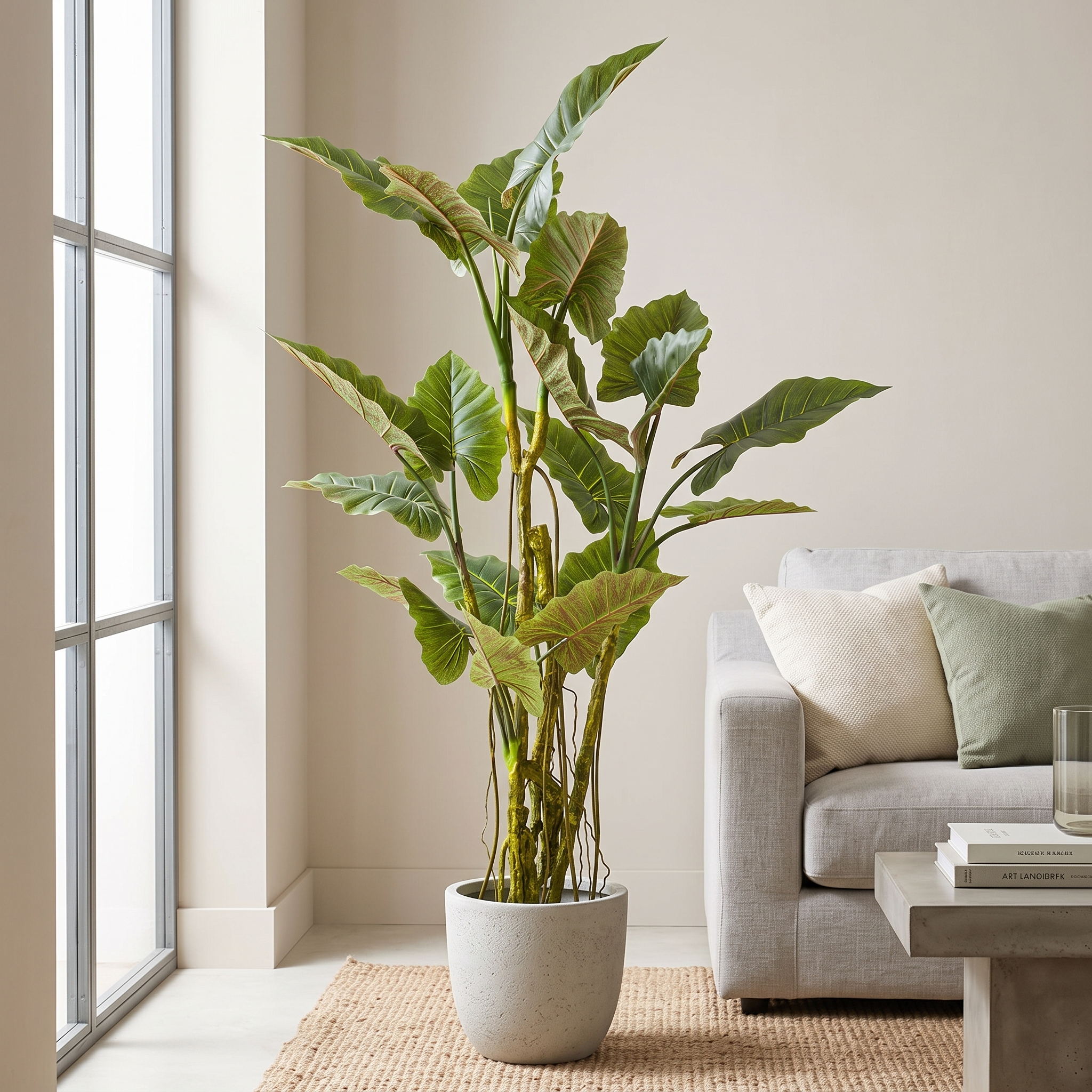 Colocasia de 195 cm artificial Dekogreen decorando un salón moderno y luminoso