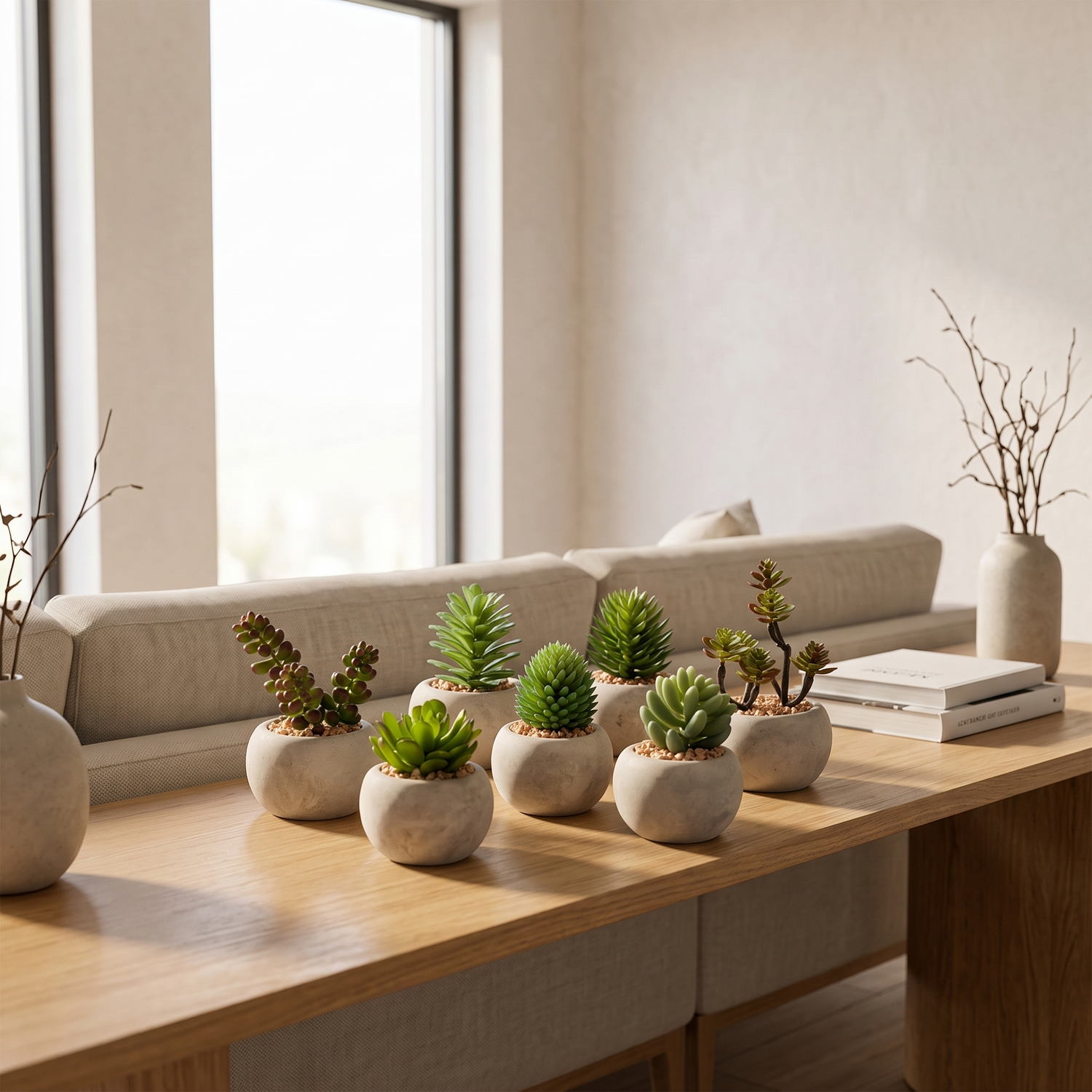 Conjunto de suculentas artificial Dekogreen decorando un salón moderno y luminoso