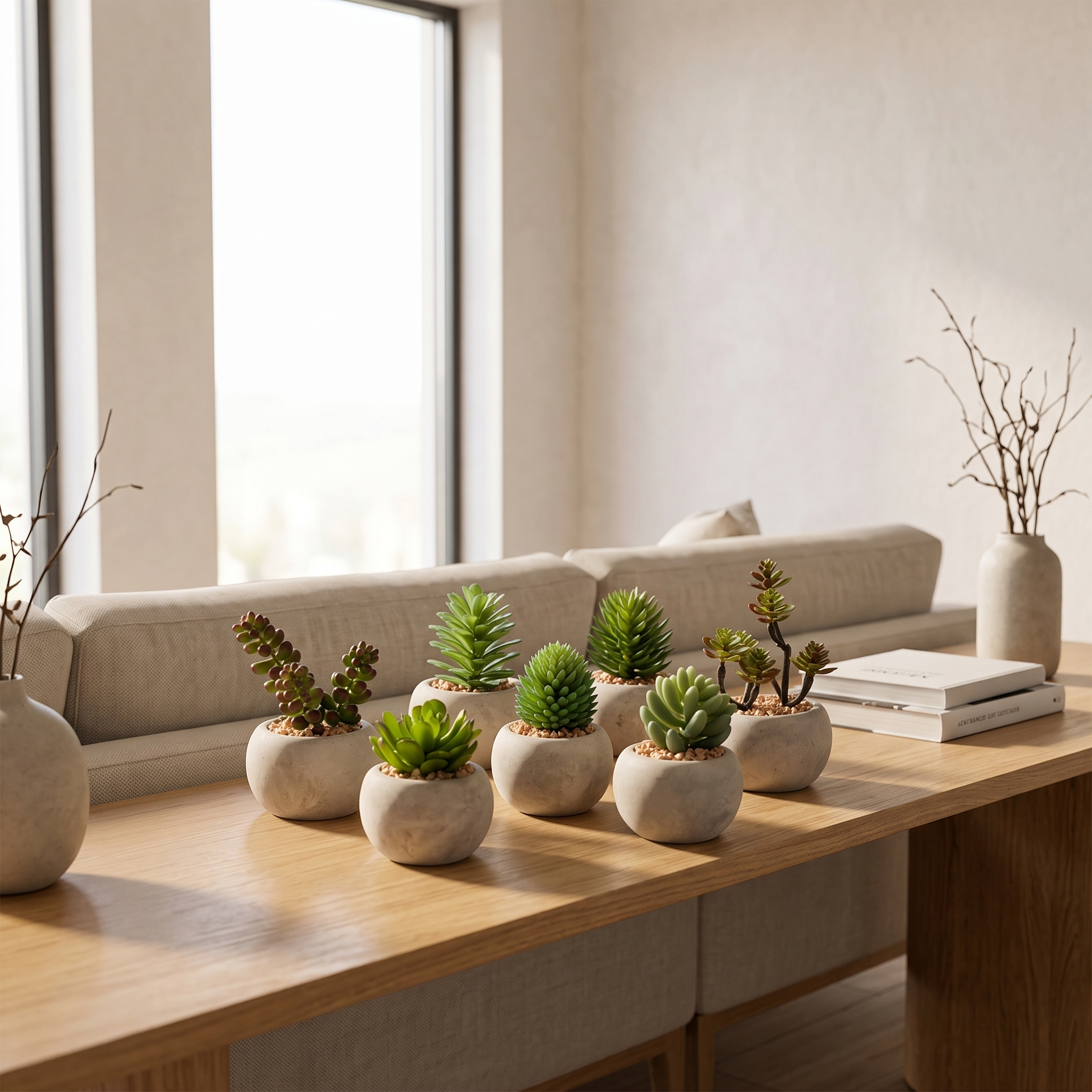 Conjunto de suculentas artificial Dekogreen decorando un salón moderno y luminoso