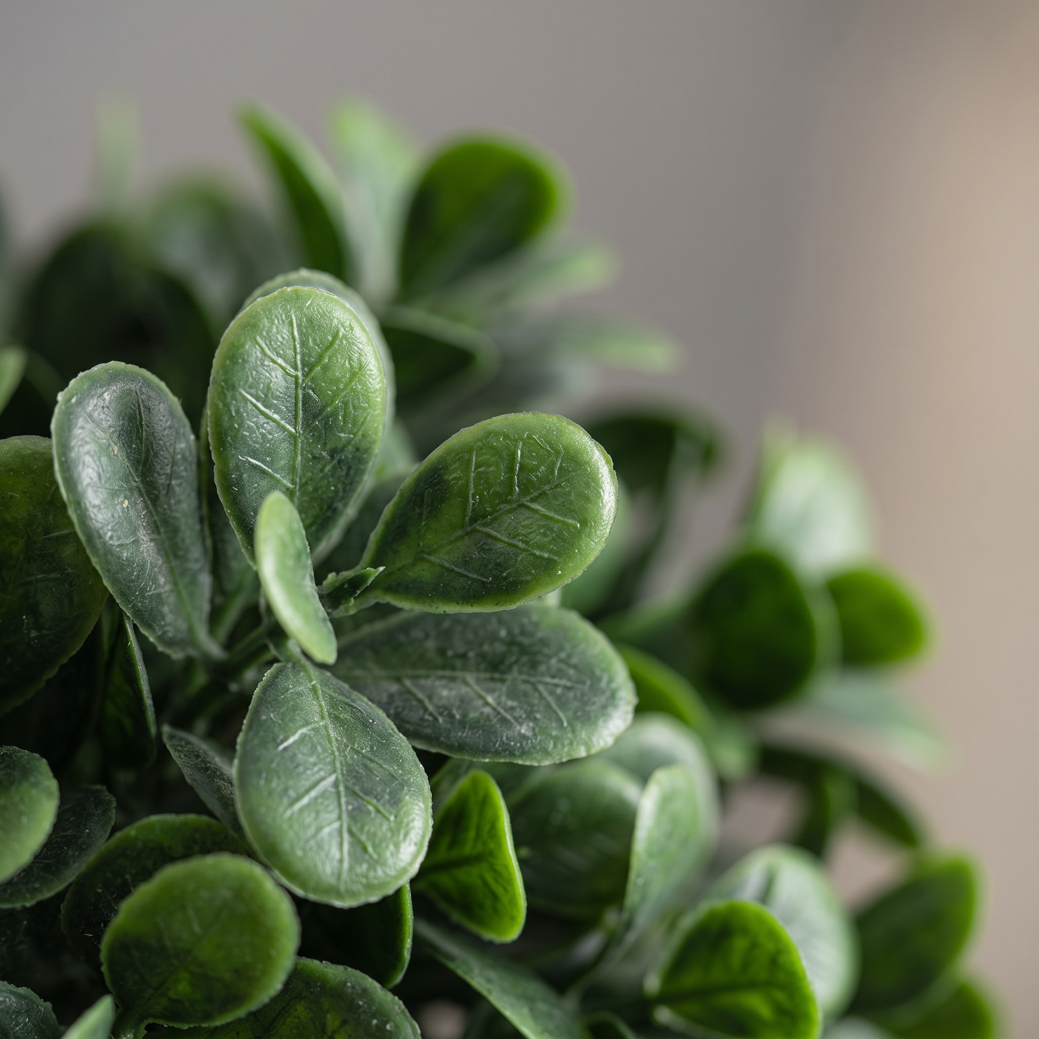 Detalle del realismo de las hojas de la Crassula ovata colgante artificial de Dekogreen