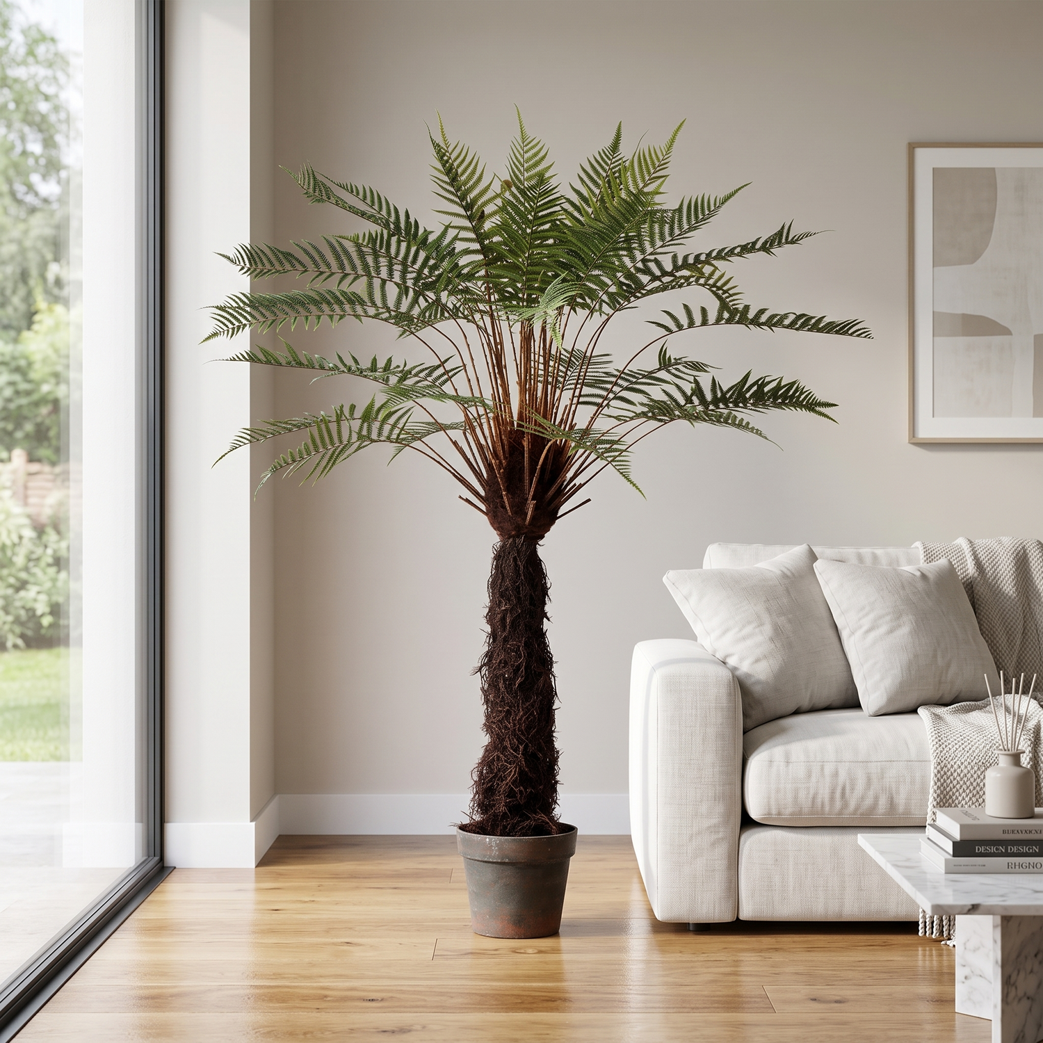 Dicksonia Exotic artificial Dekogreen decorando un salón moderno y luminoso