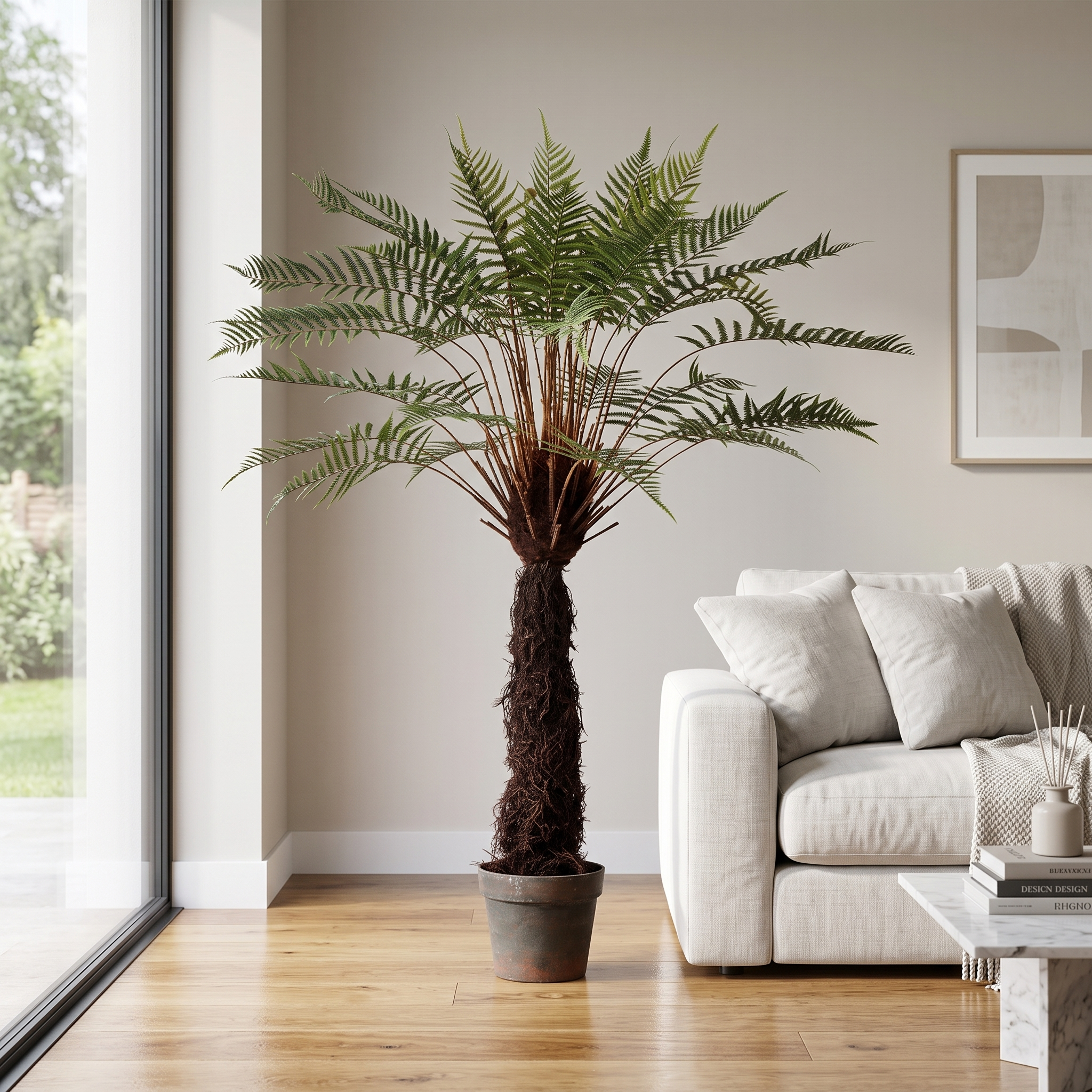 Dicksonia Exotic artificial Dekogreen decorando un salón moderno y luminoso
