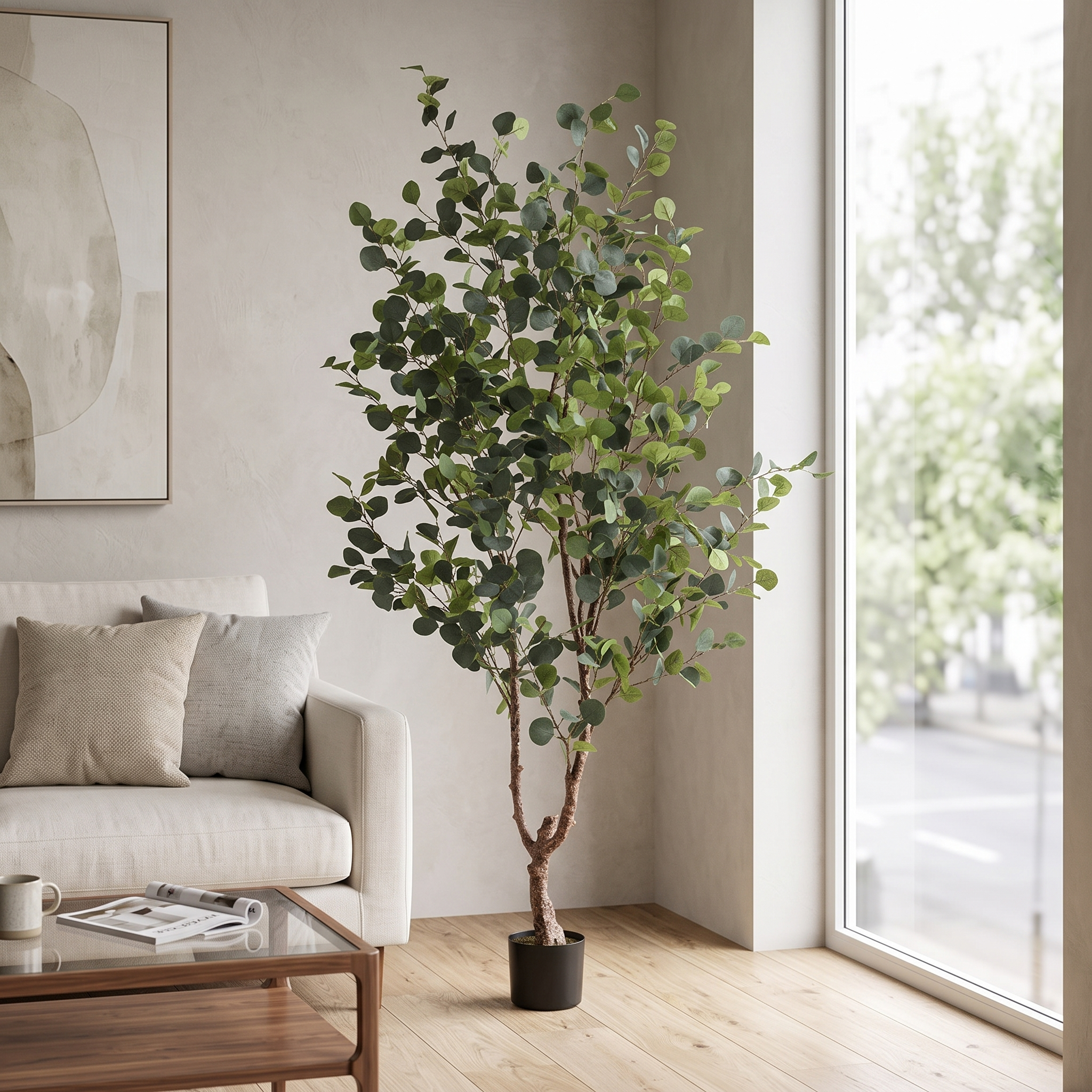 Eucalipto de 120 cm artificial Dekogreen decorando un salón moderno y luminoso