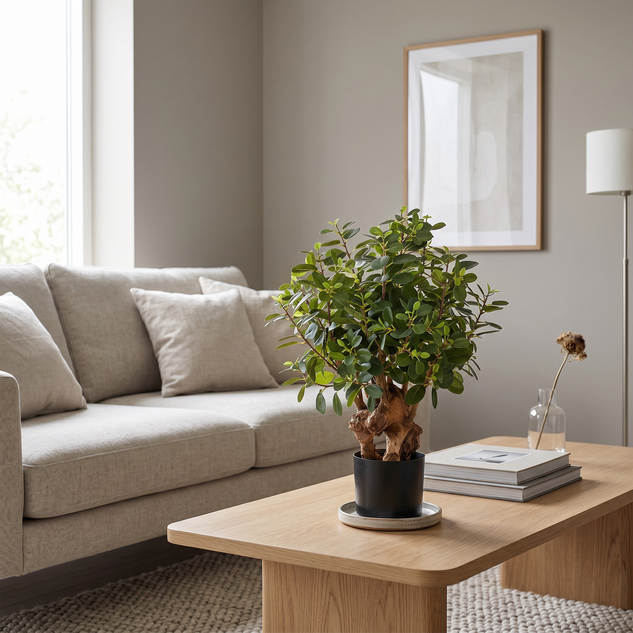 Ficus Botanic de 75 cm artificial Dekogreen decorando un salón moderno y luminoso