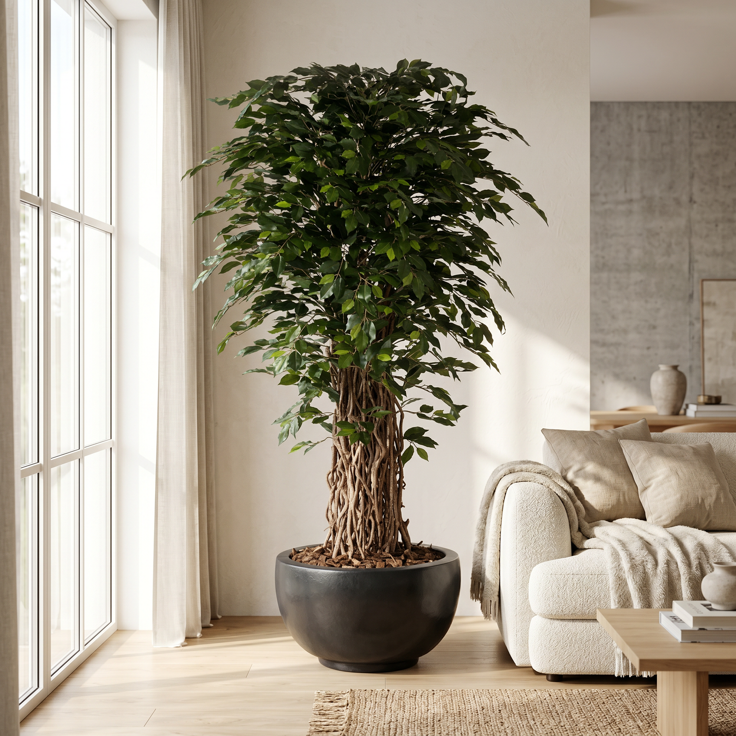 Ficus Deluxe de 180 cm artificial Dekogreen decorando un salón moderno y luminoso