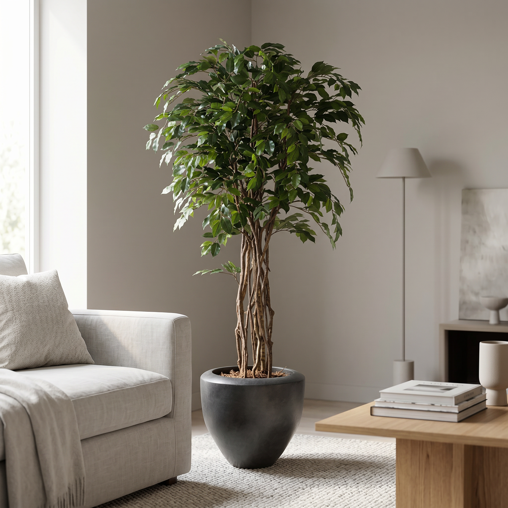 Ficus Eco de 145 cm artificial Dekogreen decorando un salón moderno y luminoso