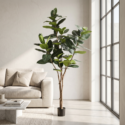 Ficus Elastic de 180 cm artificial Dekogreen decorando un salón moderno y luminoso