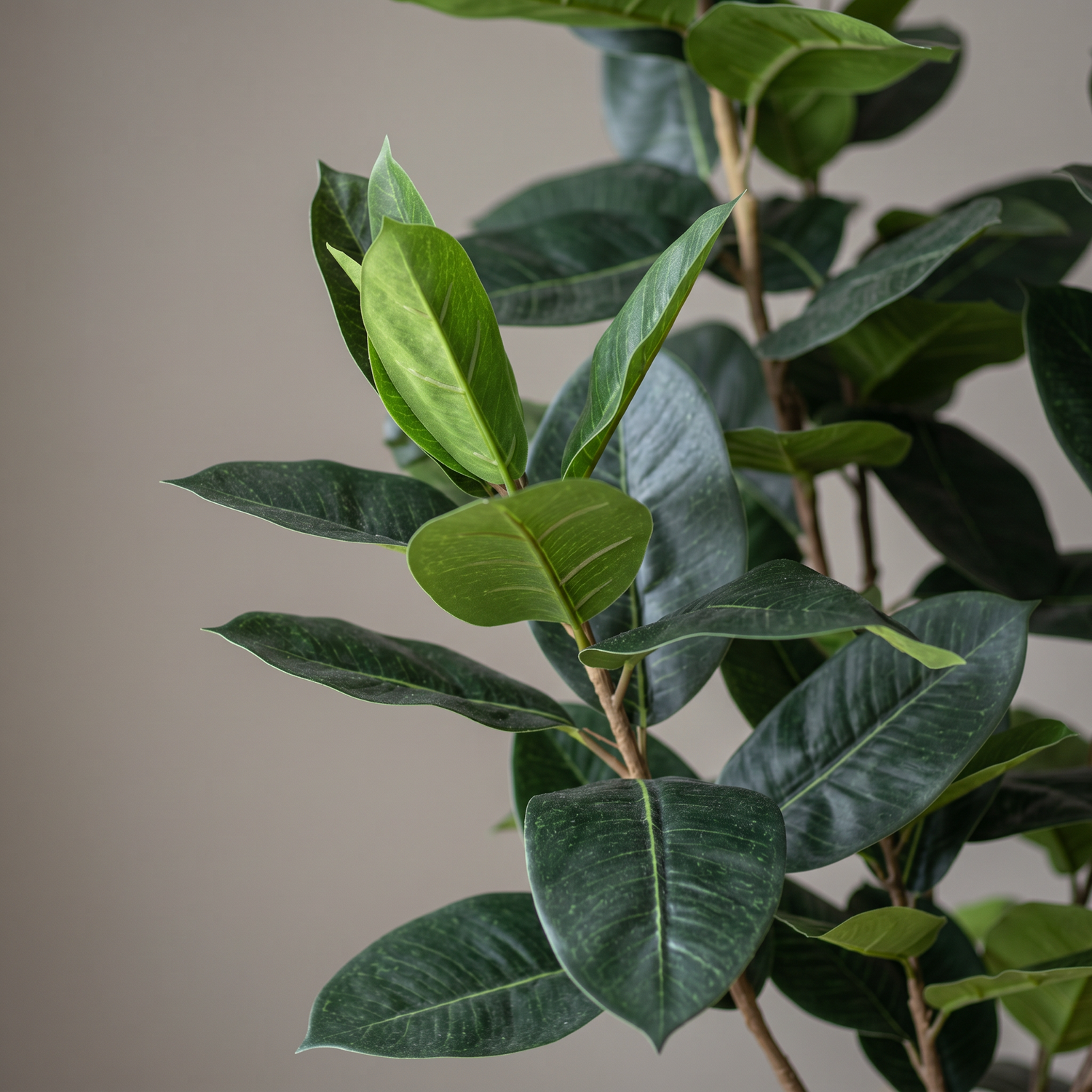 Detalle del realismo de las hojas del Ficus Elastic de 180 cm artificial de Dekogreen