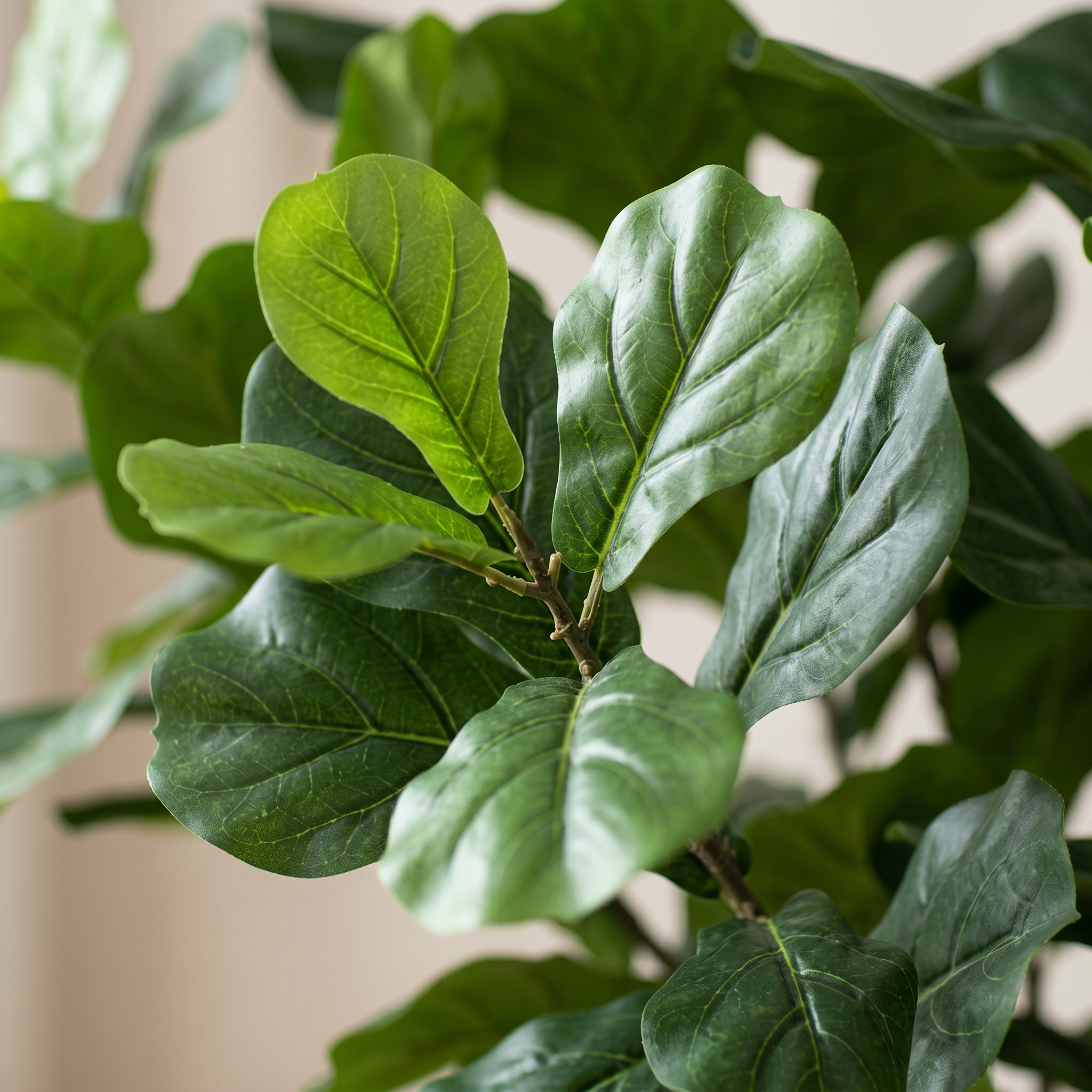 Detalle del realismo de las hojas del Ficus Lyrata alto artificial de Dekogreen