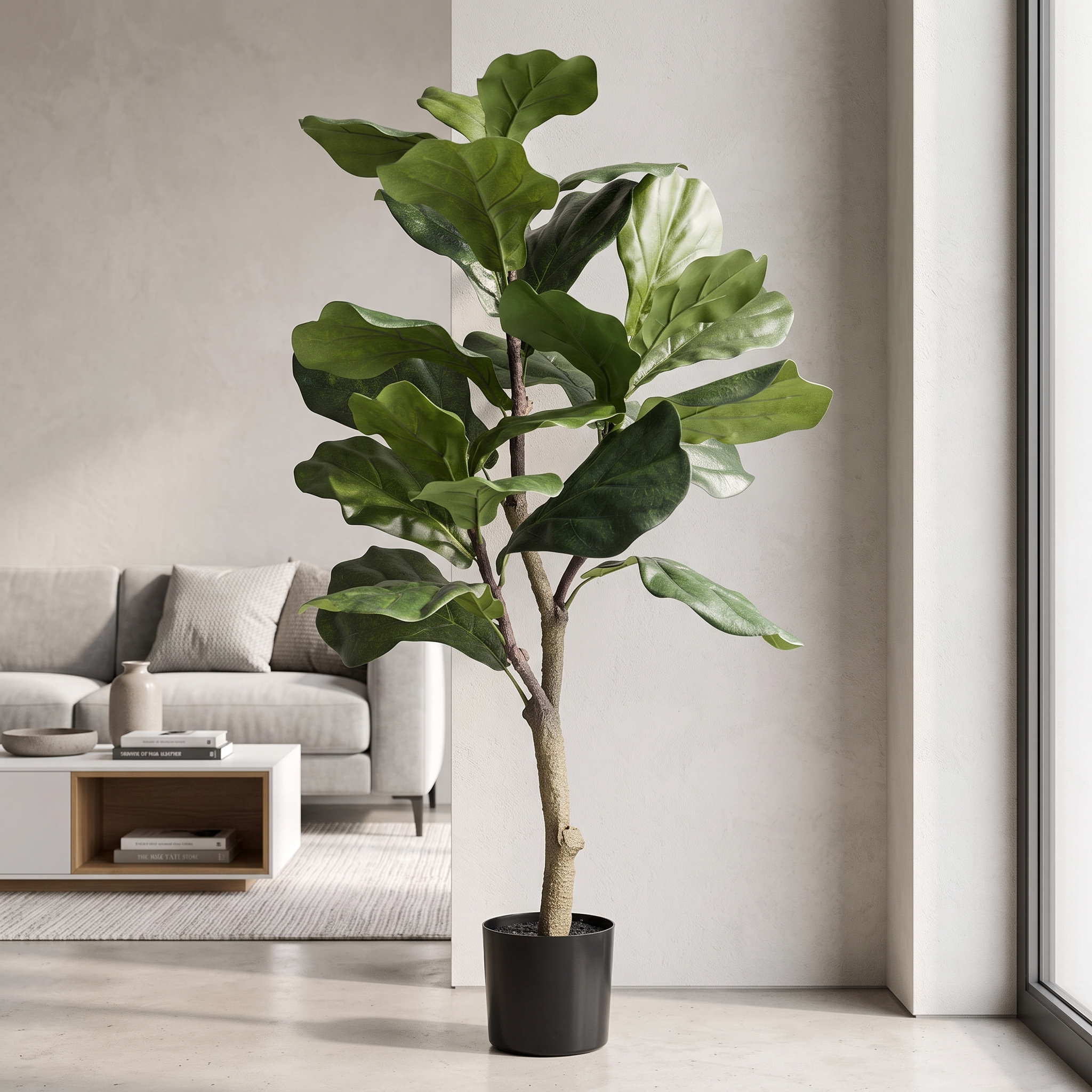 Ficus Lyrata artificial Dekogreen decorando un salón moderno y luminoso
