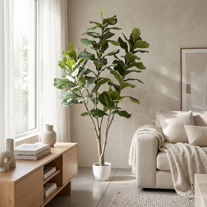 Ficus Lyrata de 210 cm artificial Dekogreen decorando un salón moderno y luminoso