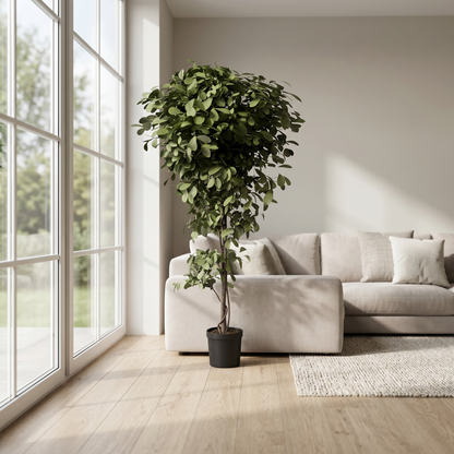 Ficus Premium artificial Dekogreen decorando un salón moderno y luminoso