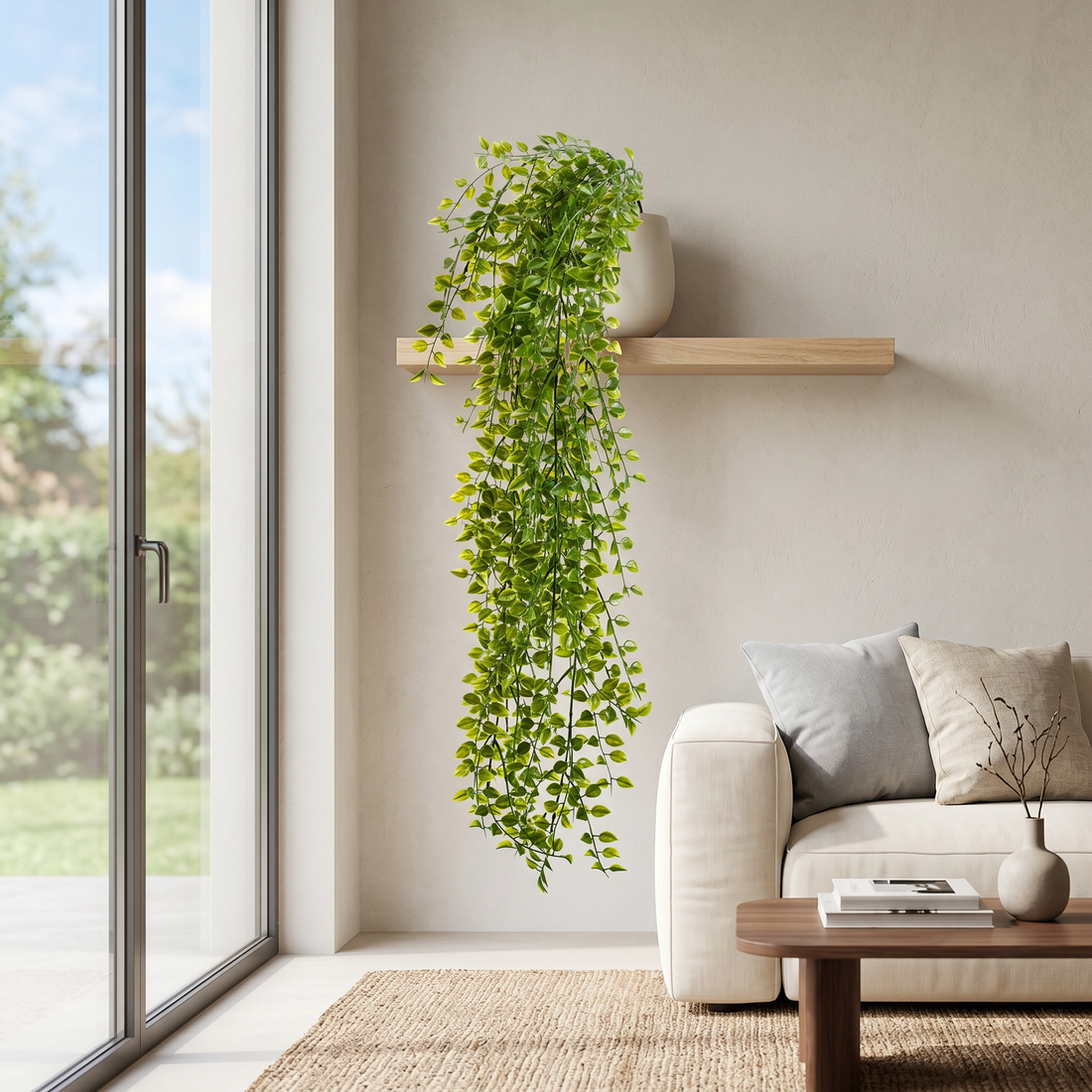 Ficus Pumila colgante UV artificial Dekogreen decorando un salón moderno y luminoso