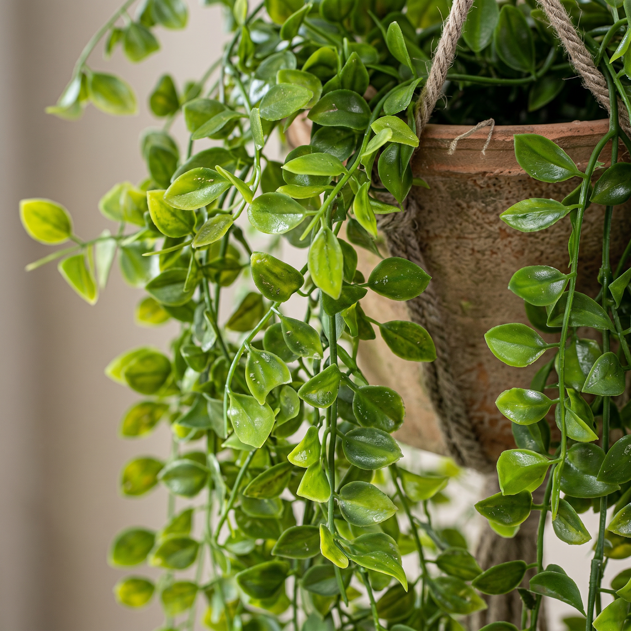 Detalle del realismo de las hojas del Ficus Pumila colgante de techo artificial de Dekogreen