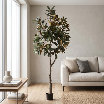 Gran Magnolia artificial Dekogreen decorando un salón moderno y luminoso