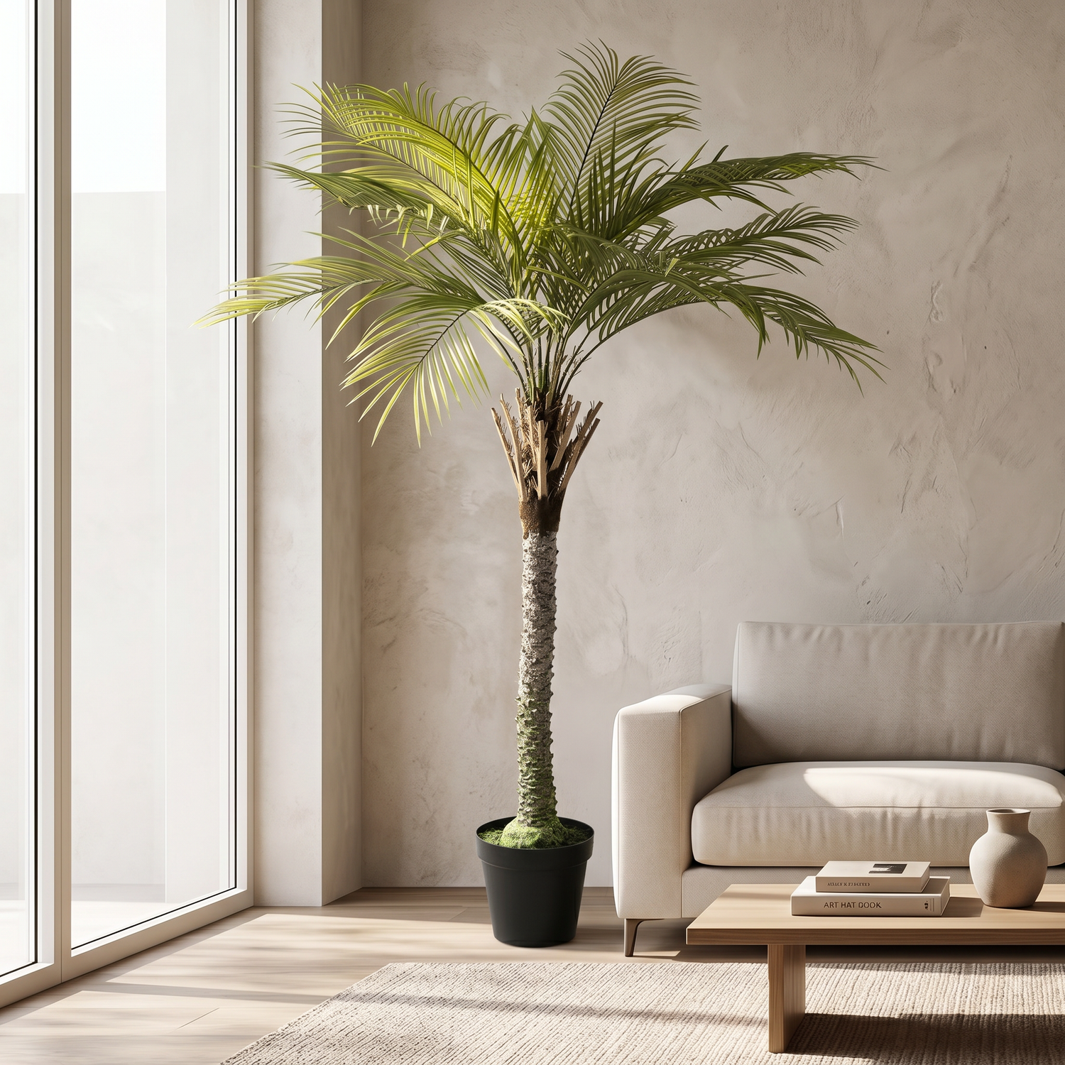 Gran Palmera artificial Dekogreen decorando un salón moderno y luminoso