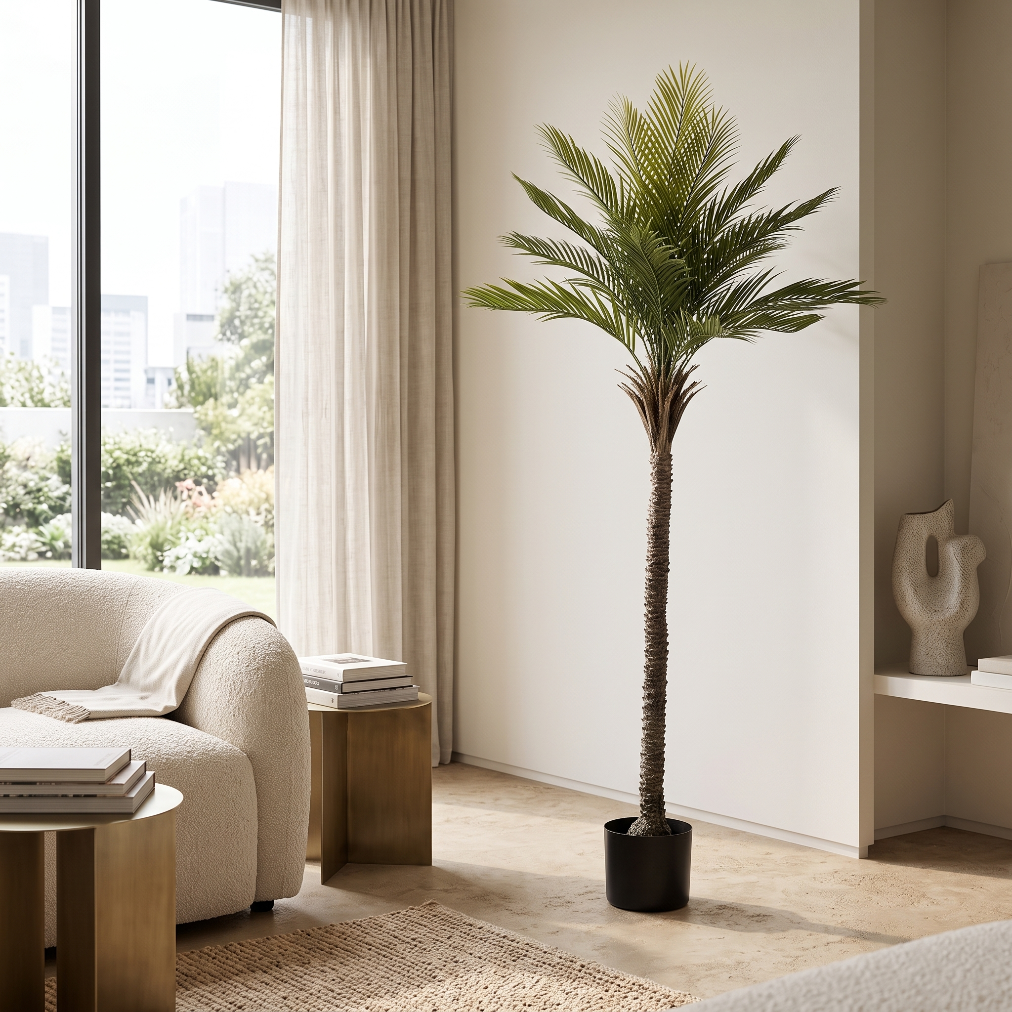 Gran Palmera UV artificial Dekogreen decorando un salón moderno y luminoso