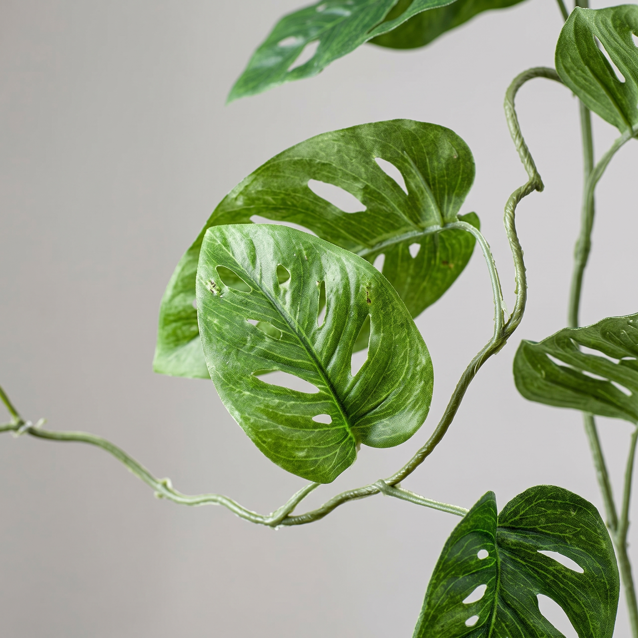 Detalle del realismo de las hojas de la guirnalda de Monstera artificial de Dekogreen