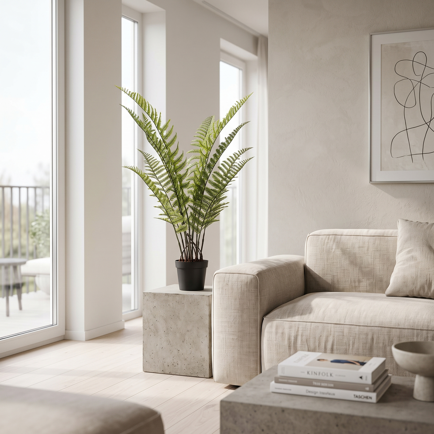 Helecho UV artificial Dekogreen decorando un salón moderno y luminoso