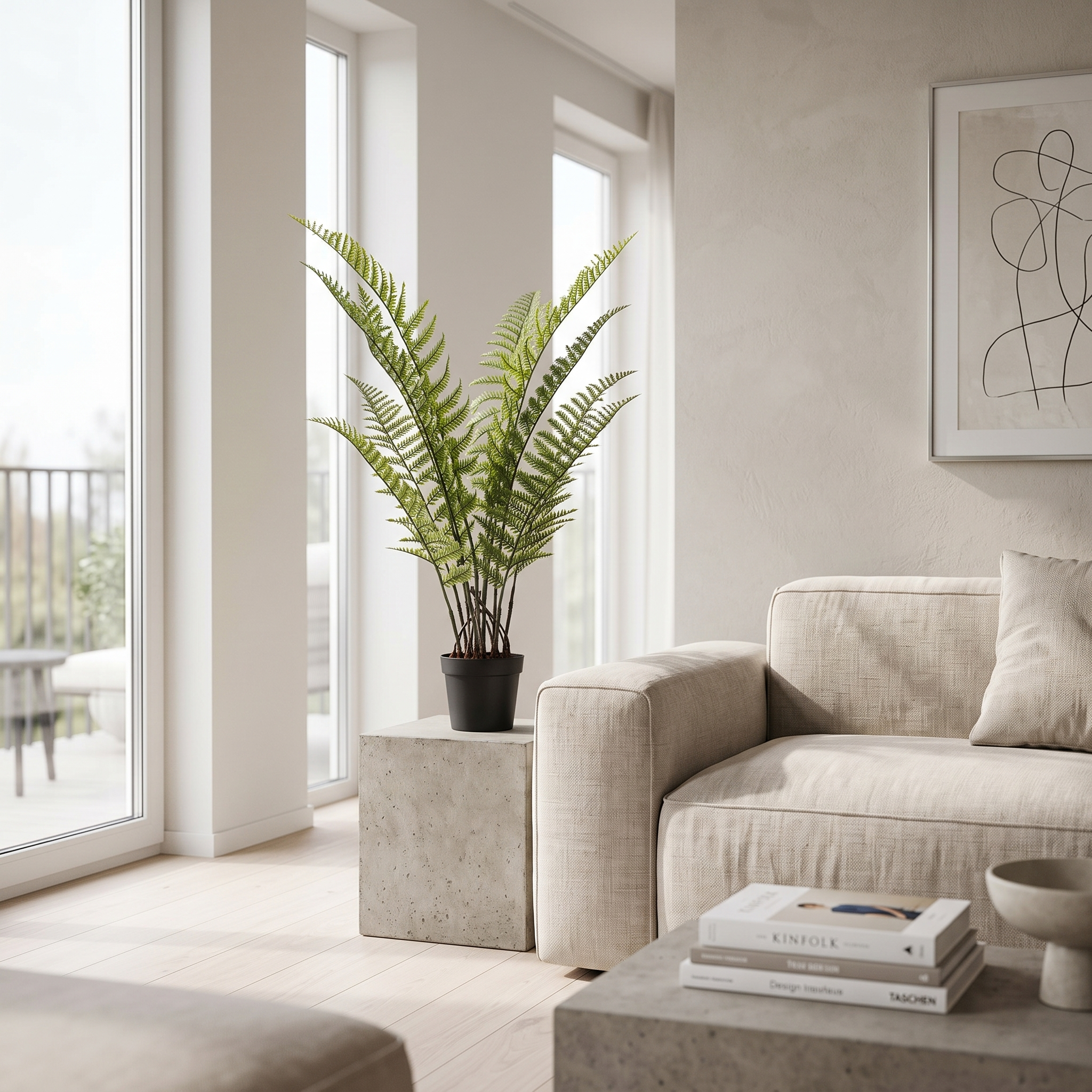 Helecho UV artificial Dekogreen decorando un salón moderno y luminoso