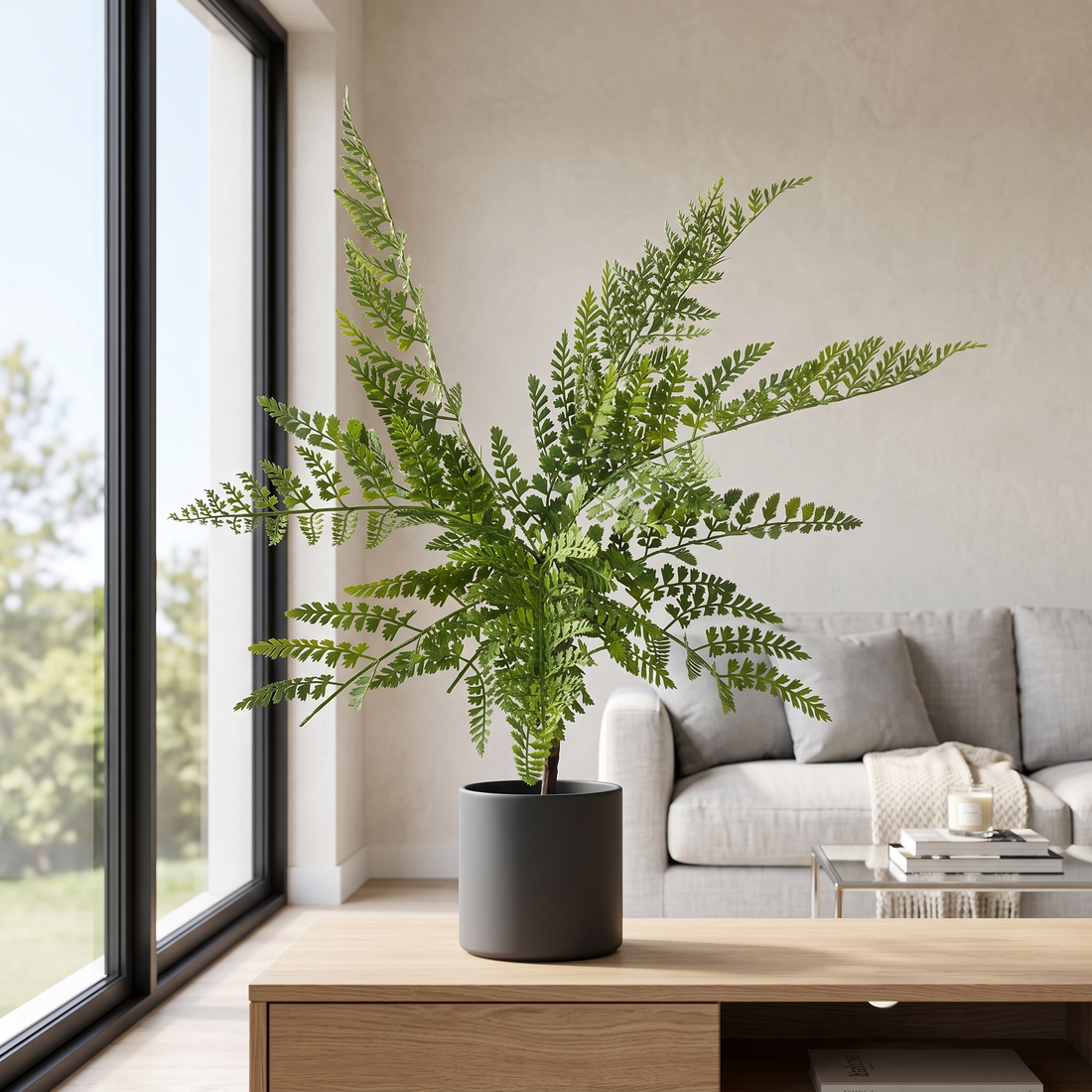Helecho Asplenium UV artificial Dekogreen decorando un salón moderno y luminoso