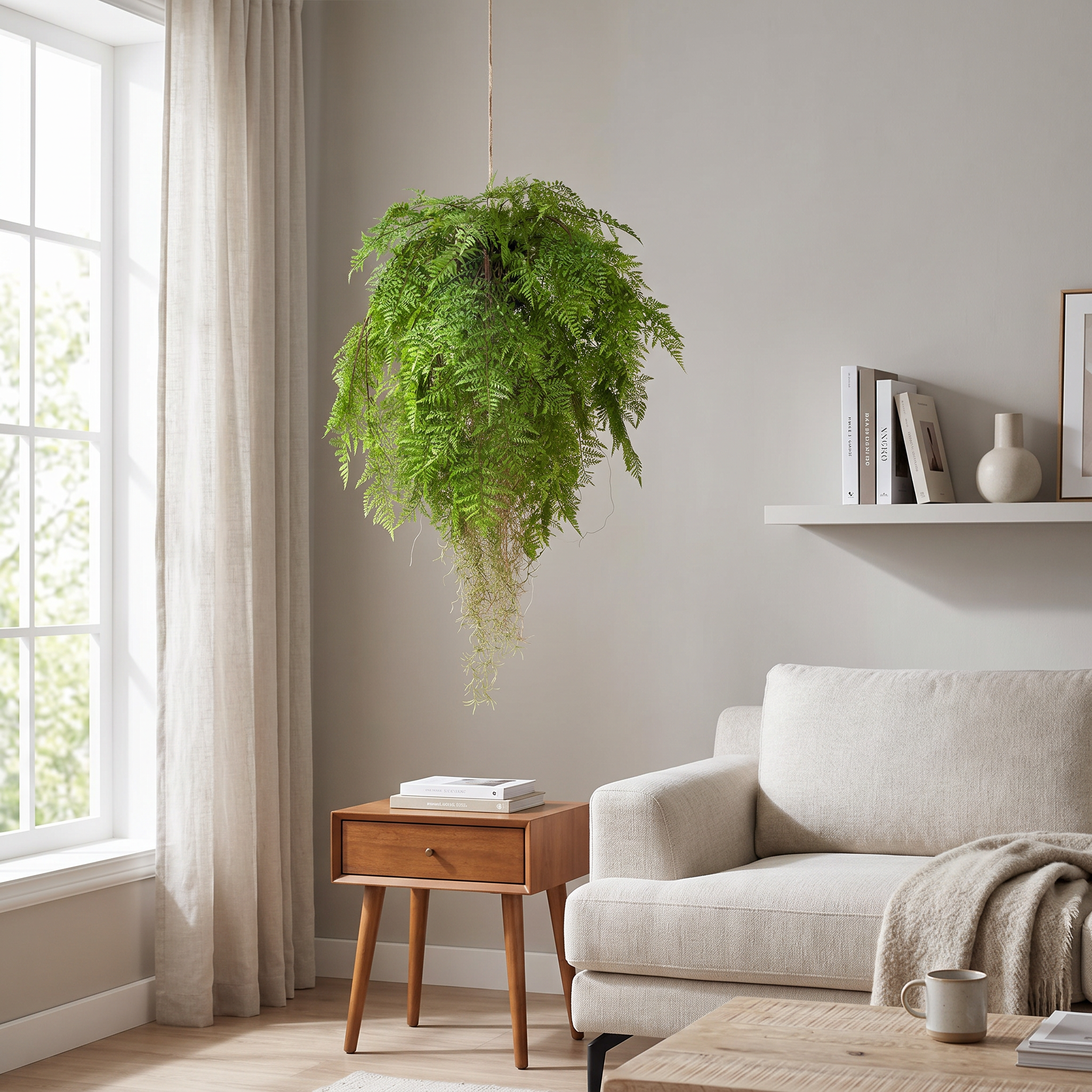 Helecho colgante con raíces de 80 cm artificial Dekogreen decorando un salón moderno y luminoso