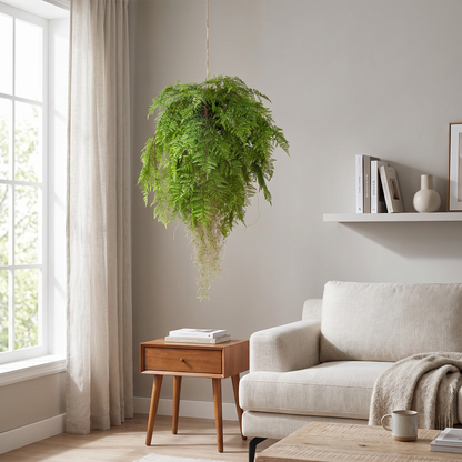 Helecho colgante con raíces de 80 cm artificial Dekogreen decorando un salón moderno y luminoso