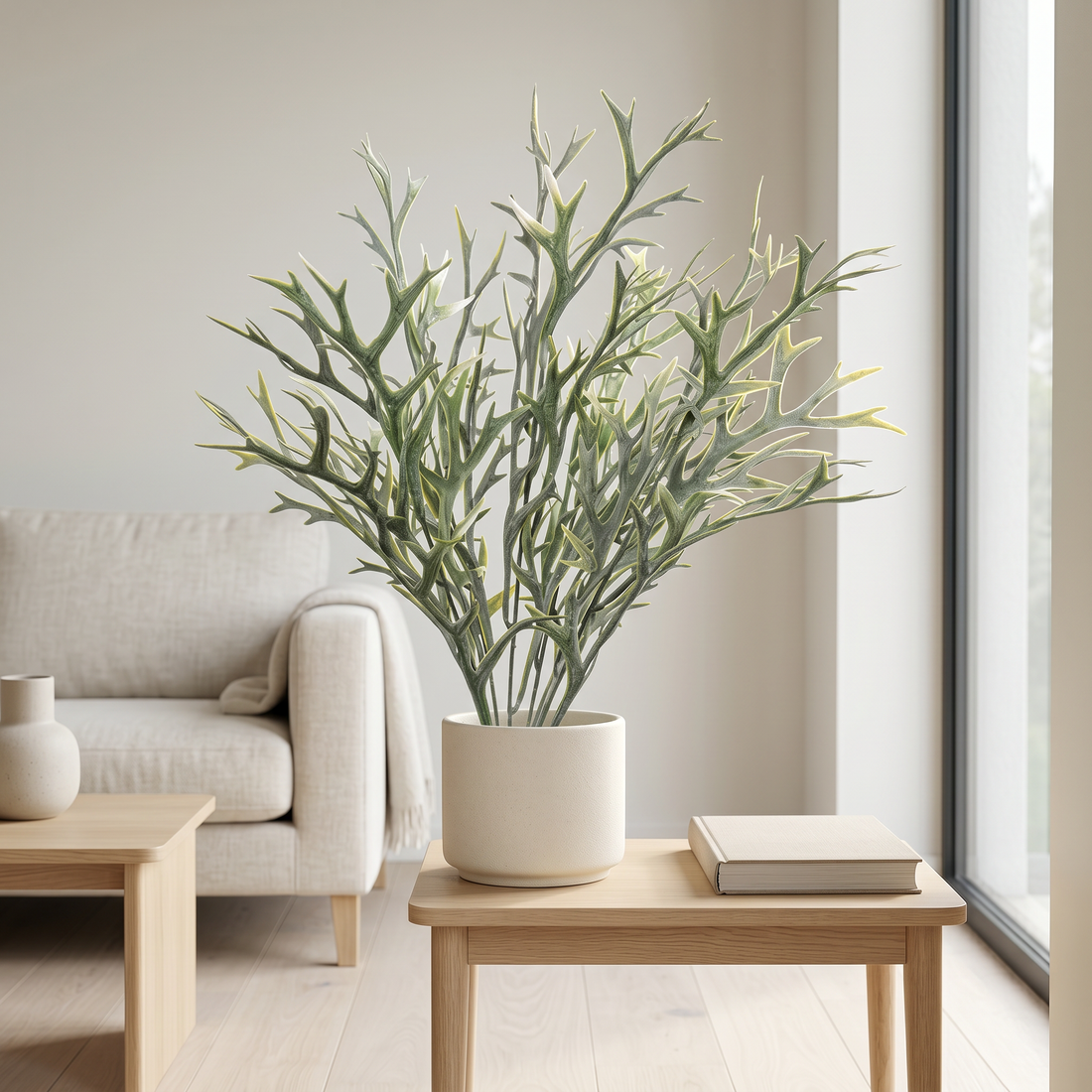 Helecho cuerno de ciervo UV artificial Dekogreen decorando un salón moderno y luminoso