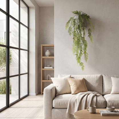 Helecho Cuero colgante artificial Dekogreen decorando un salón moderno y luminoso