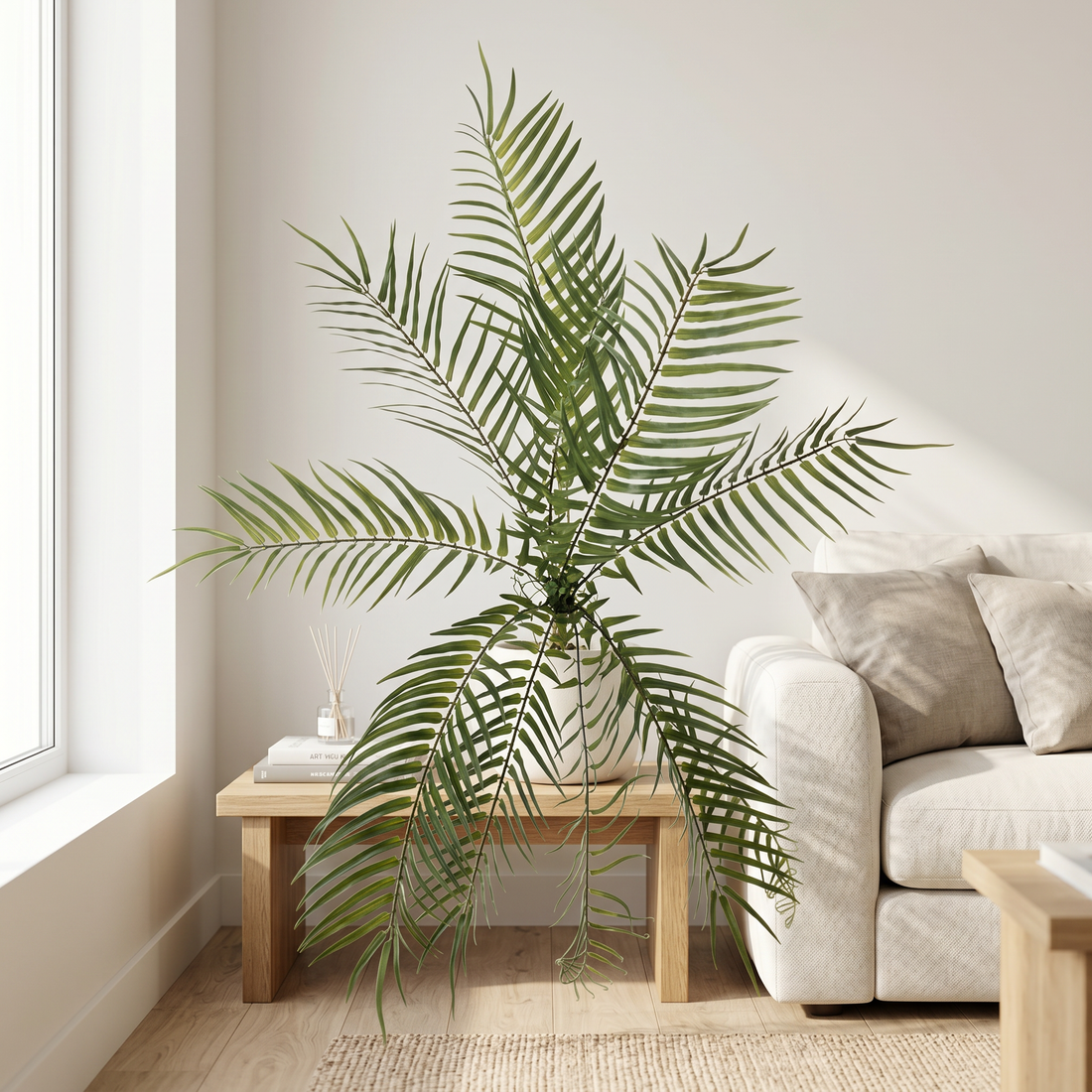 Helecho Espina UV de 70 cm artificial Dekogreen decorando un salón moderno y luminoso