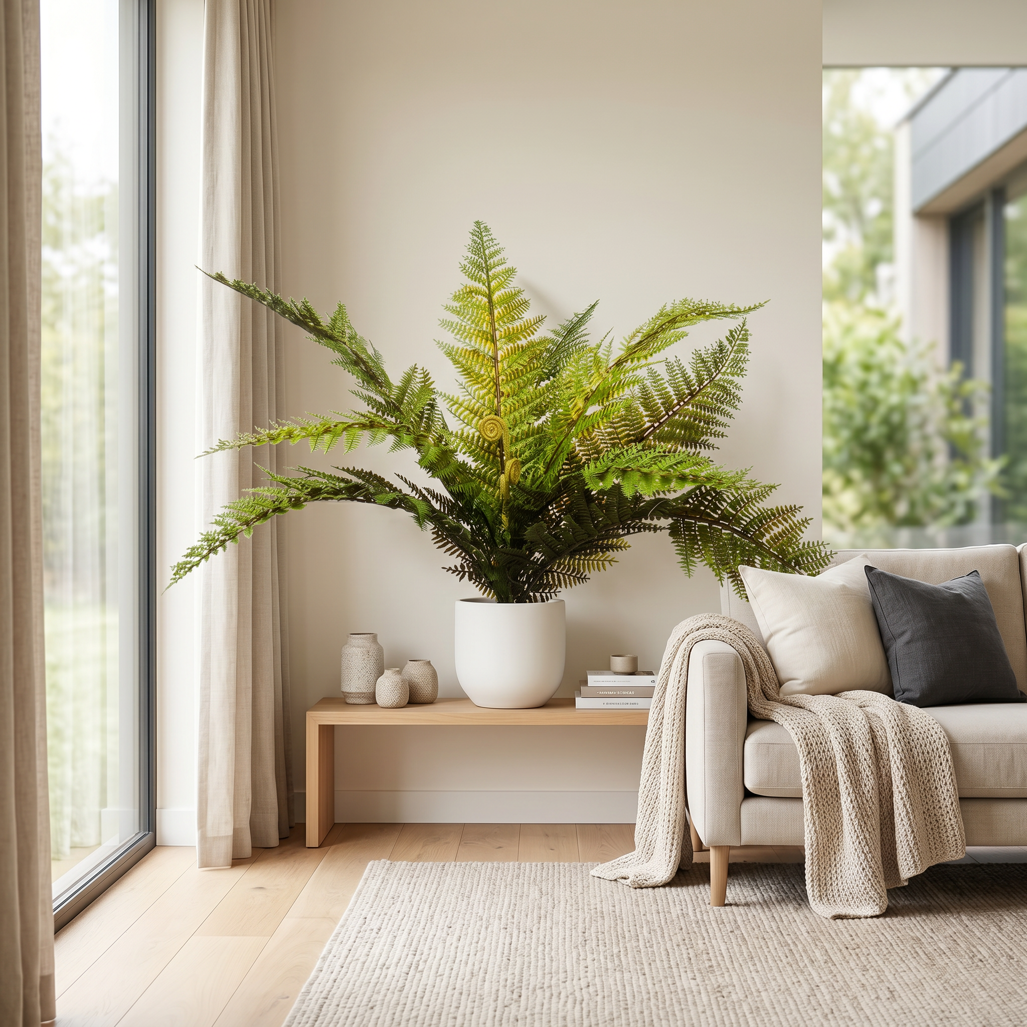 Helecho Natur artificial Dekogreen decorando un salón moderno y luminoso