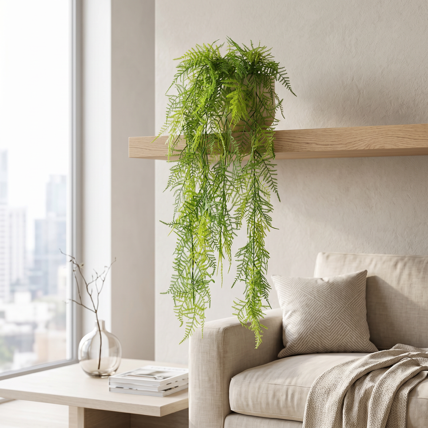 Helecho plumoso colgante artificial Dekogreen decorando un salón moderno y luminoso