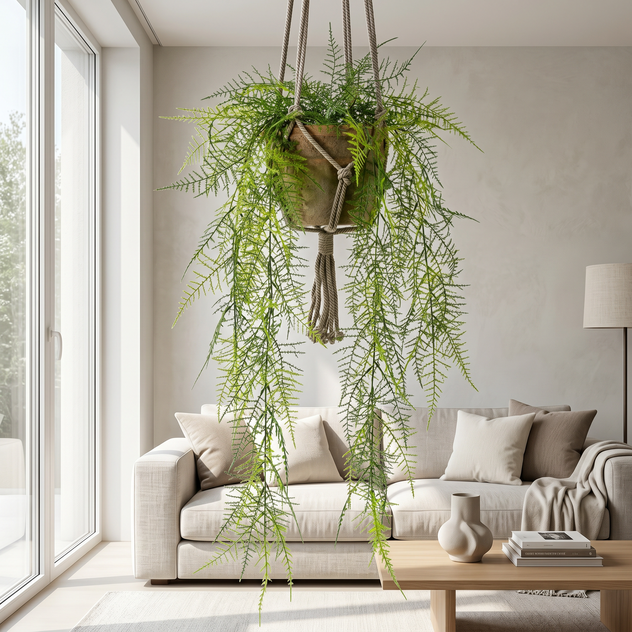 Helecho plumoso colgante de techo artificial Dekogreen decorando un salón moderno y luminoso