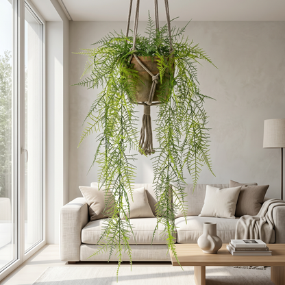 Helecho plumoso colgante de techo artificial Dekogreen decorando un salón moderno y luminoso
