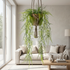 Helecho plumoso colgante de techo artificial Dekogreen decorando un salón moderno y luminoso