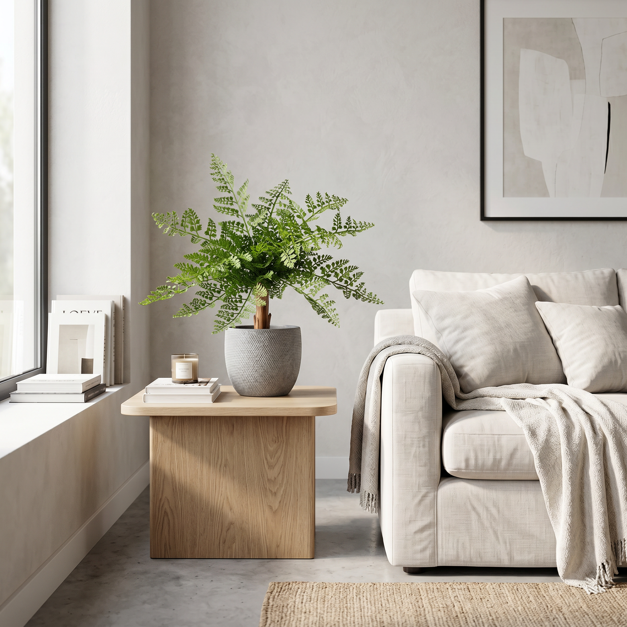 Helechos ignífugos de 32 cm artificial Dekogreen decorando un salón moderno y luminoso